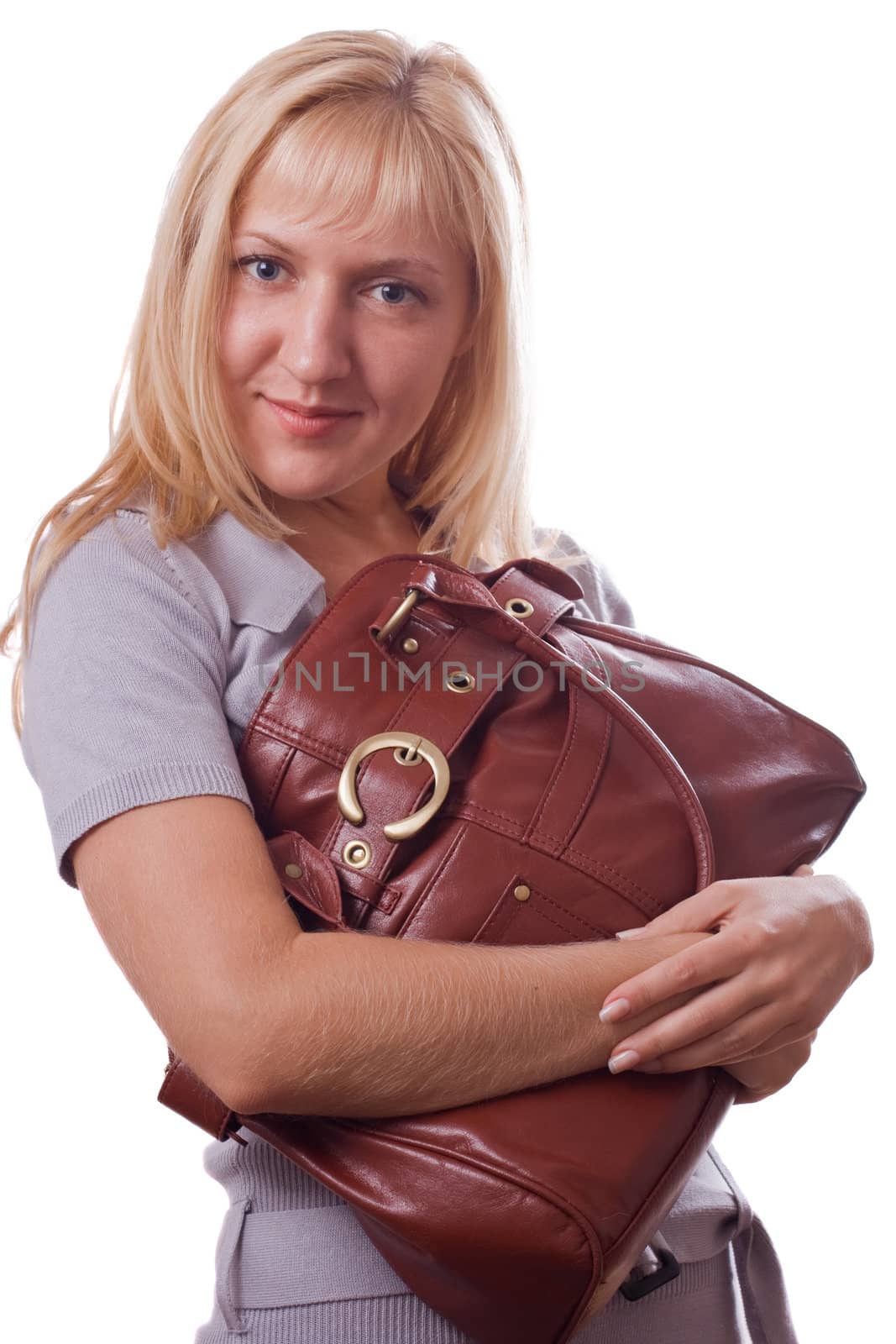 Blonde woman with handbag. Isolated on white. #1
