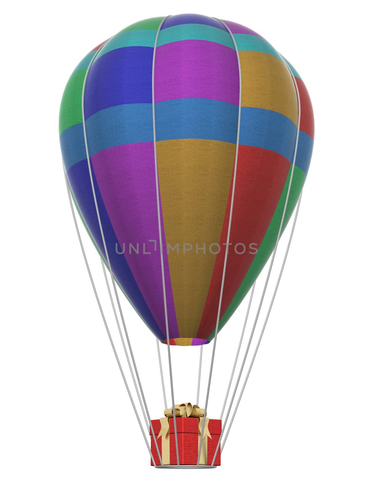Gift box by a balloon. 3D image.