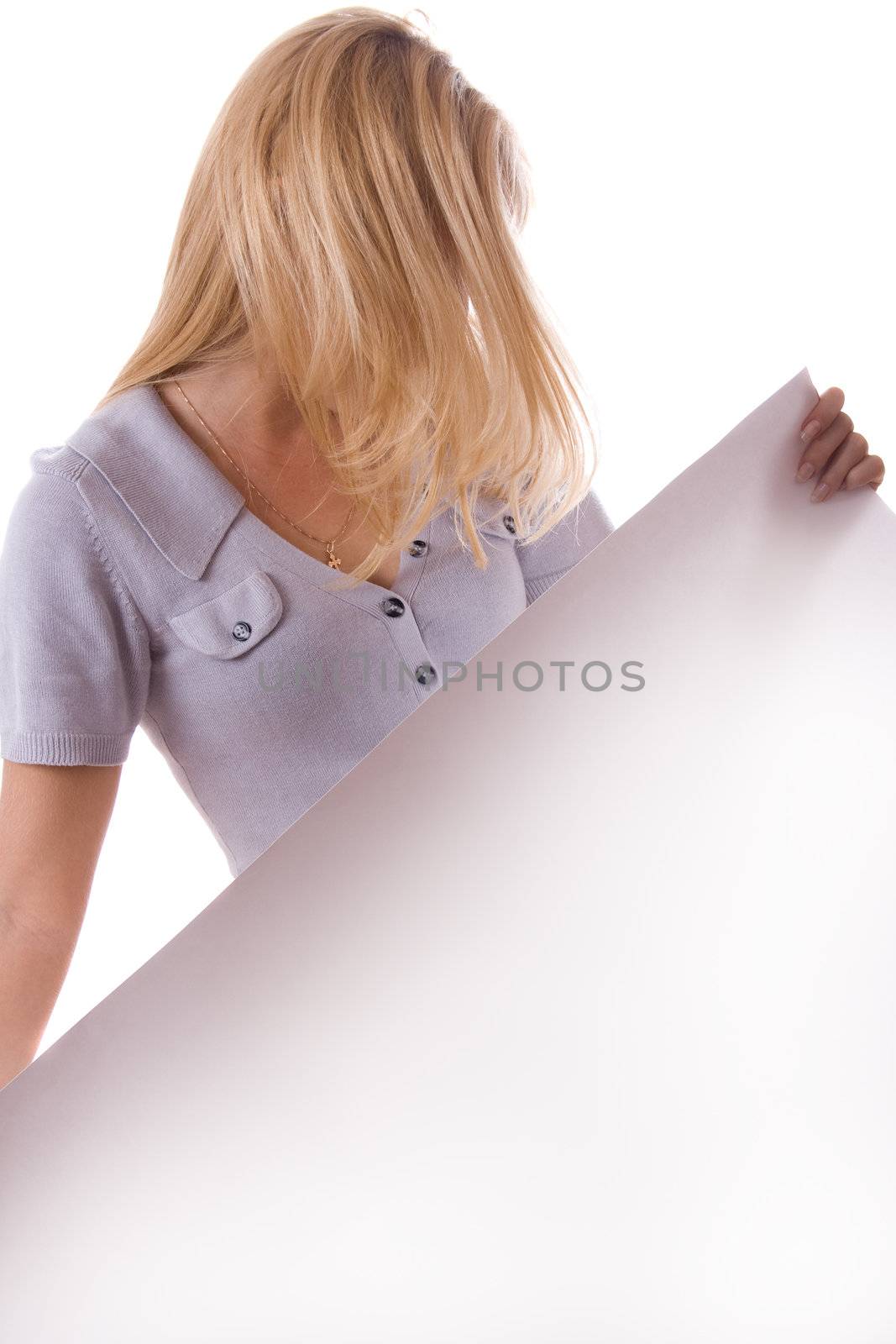 Blonde woman standing with white sheet of paper. Isolated on white. #1