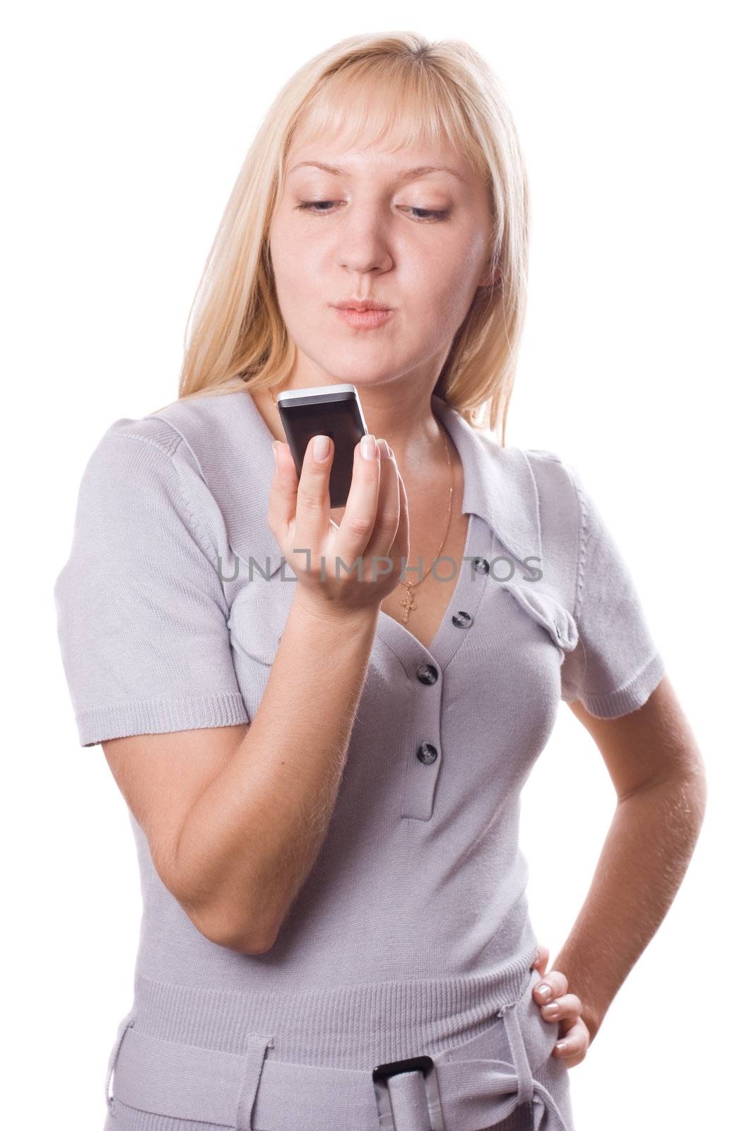 Blonde woman thinking with cell phone in her hand. Isolated on white. #3