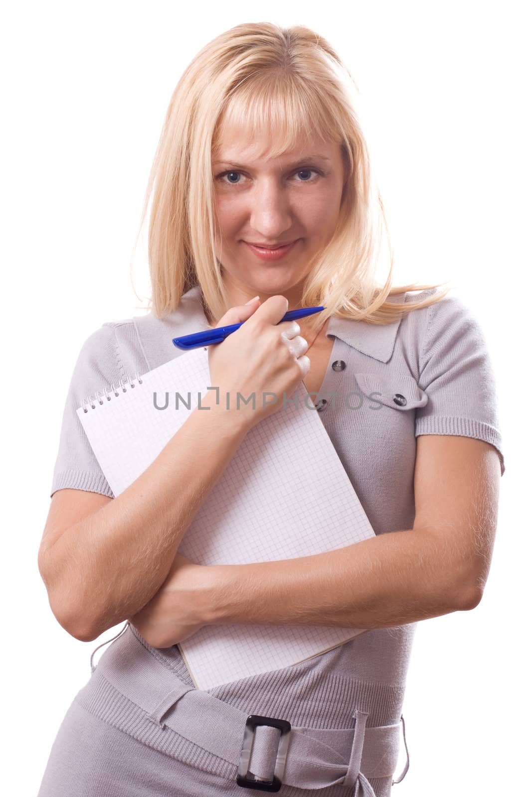 Blonde woman posing with note pad. Isolated on white. #2