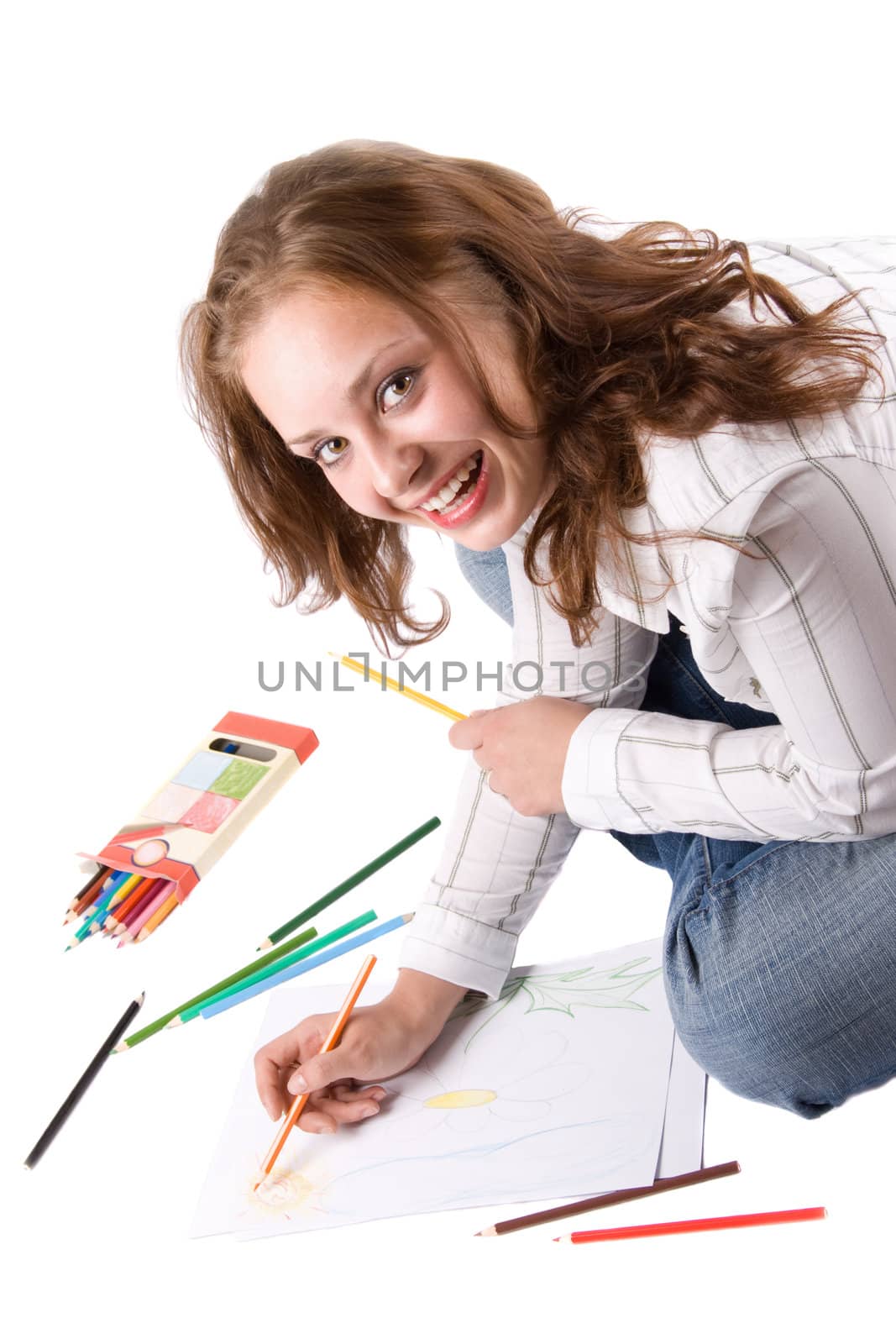 Beautiful girl is drawing with crayons. Isolated on white. #3