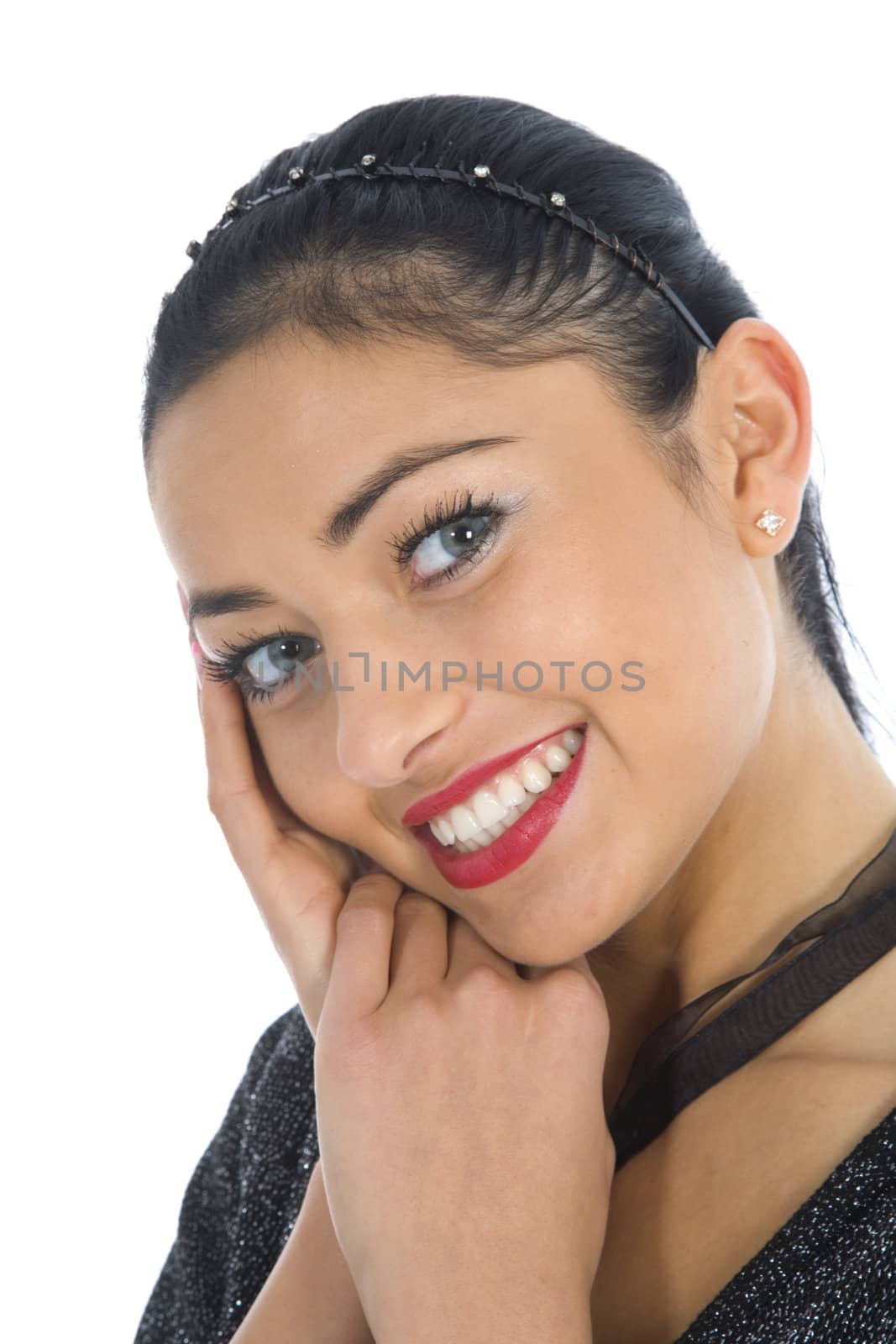 portrait of the brunette with blue eye on white background
