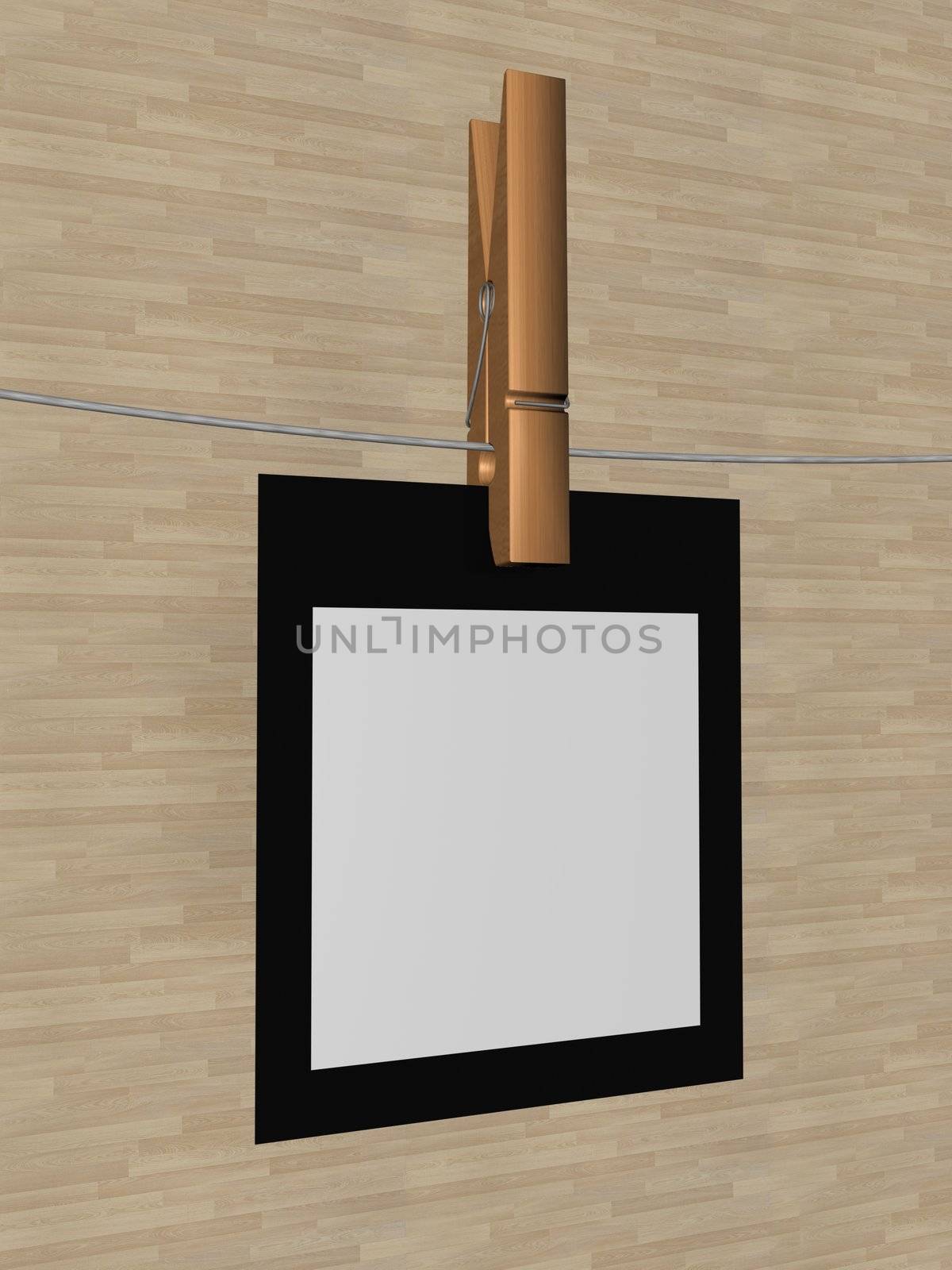 One sheet of a paper hanging on a cord. 3D image