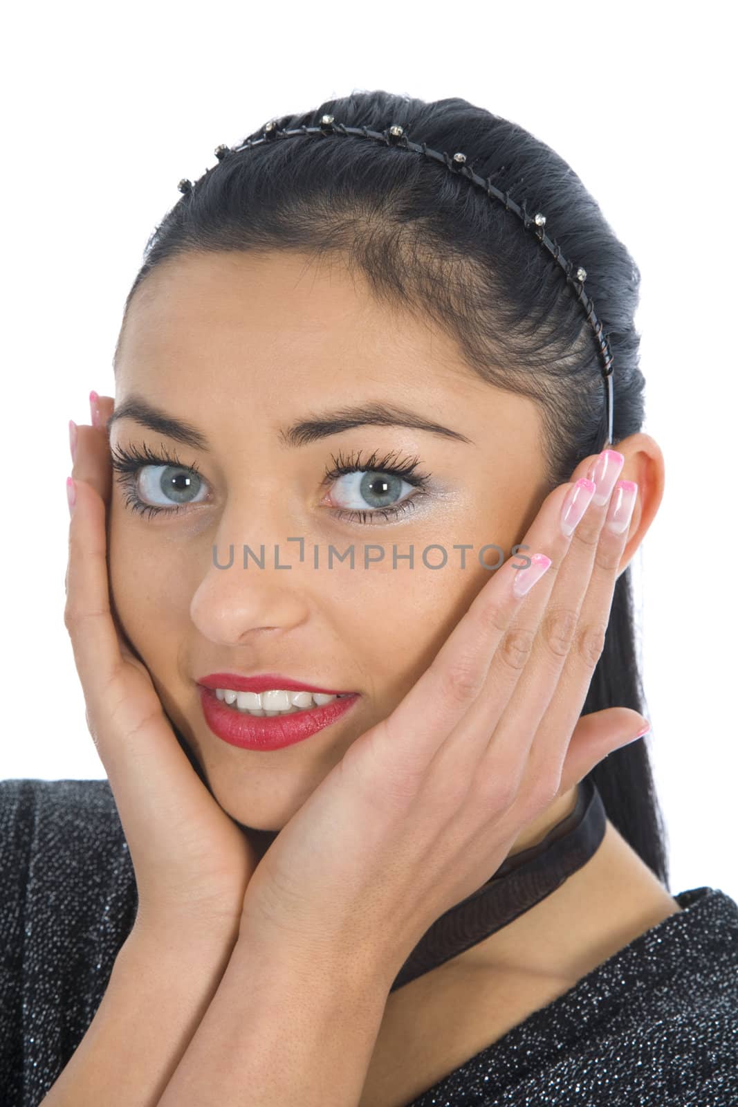 portrait of the brunette with blue eye on white background