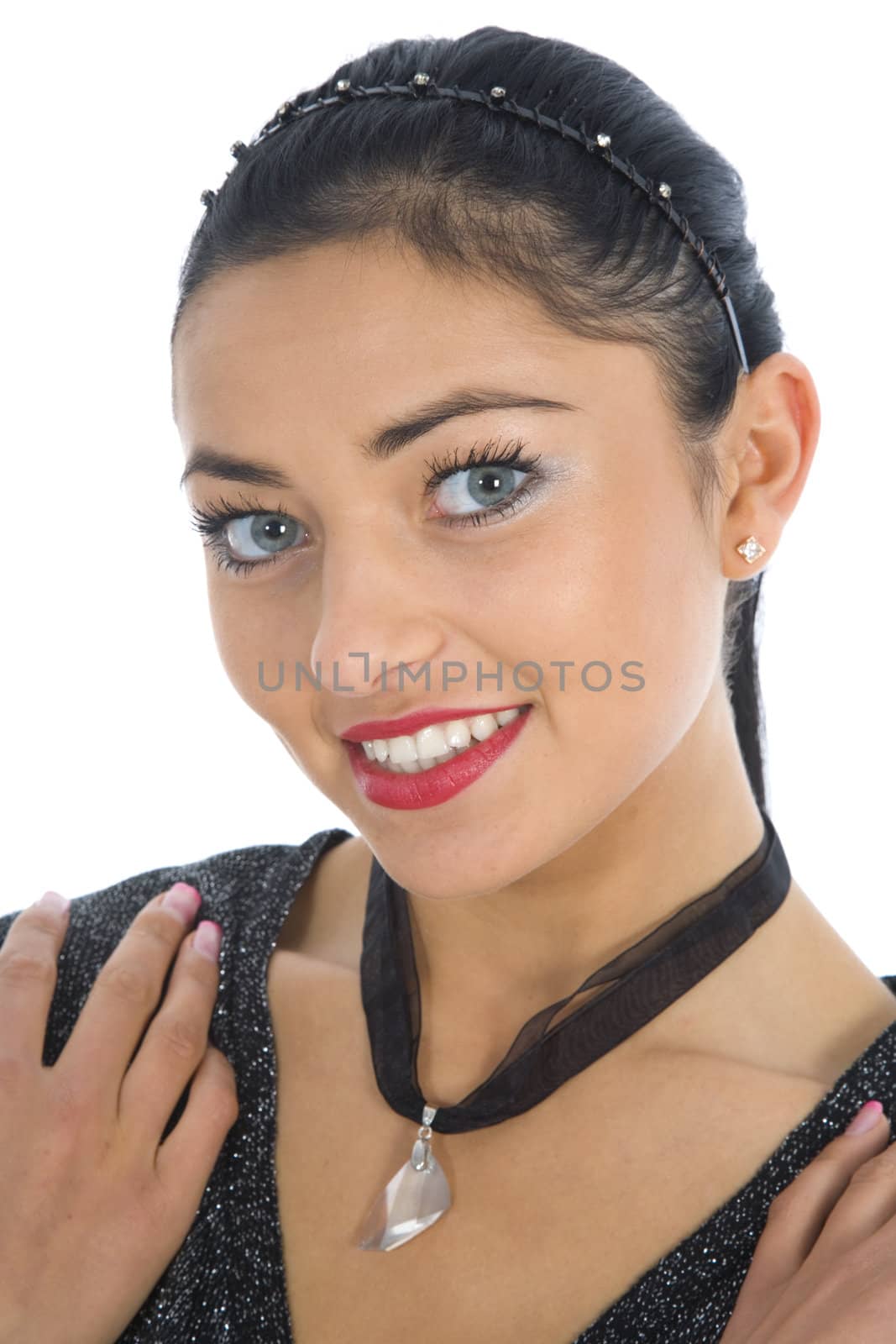 portrait of the brunette with blue eye on white background