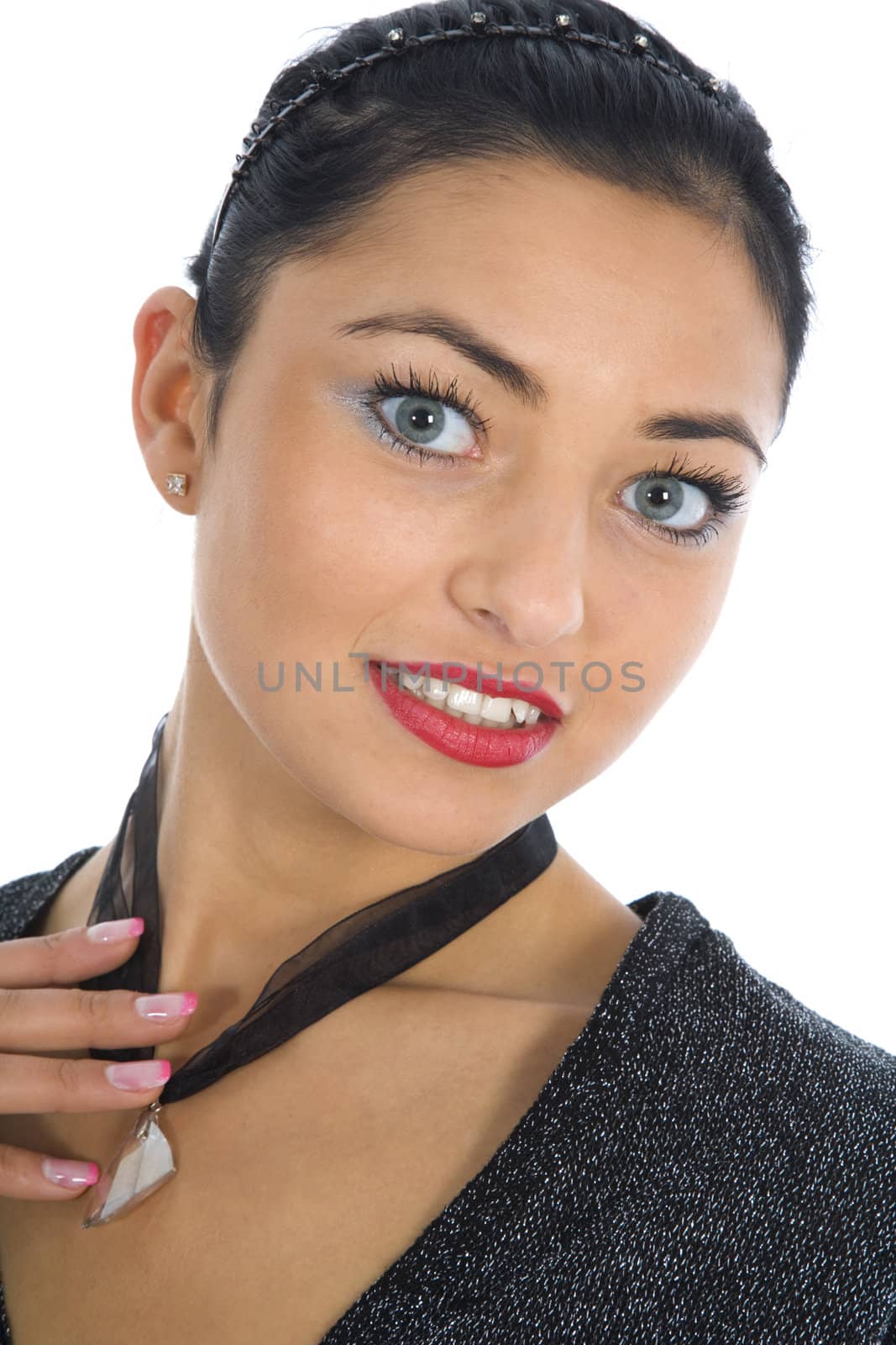 portrait of the brunette with blue eye on white background