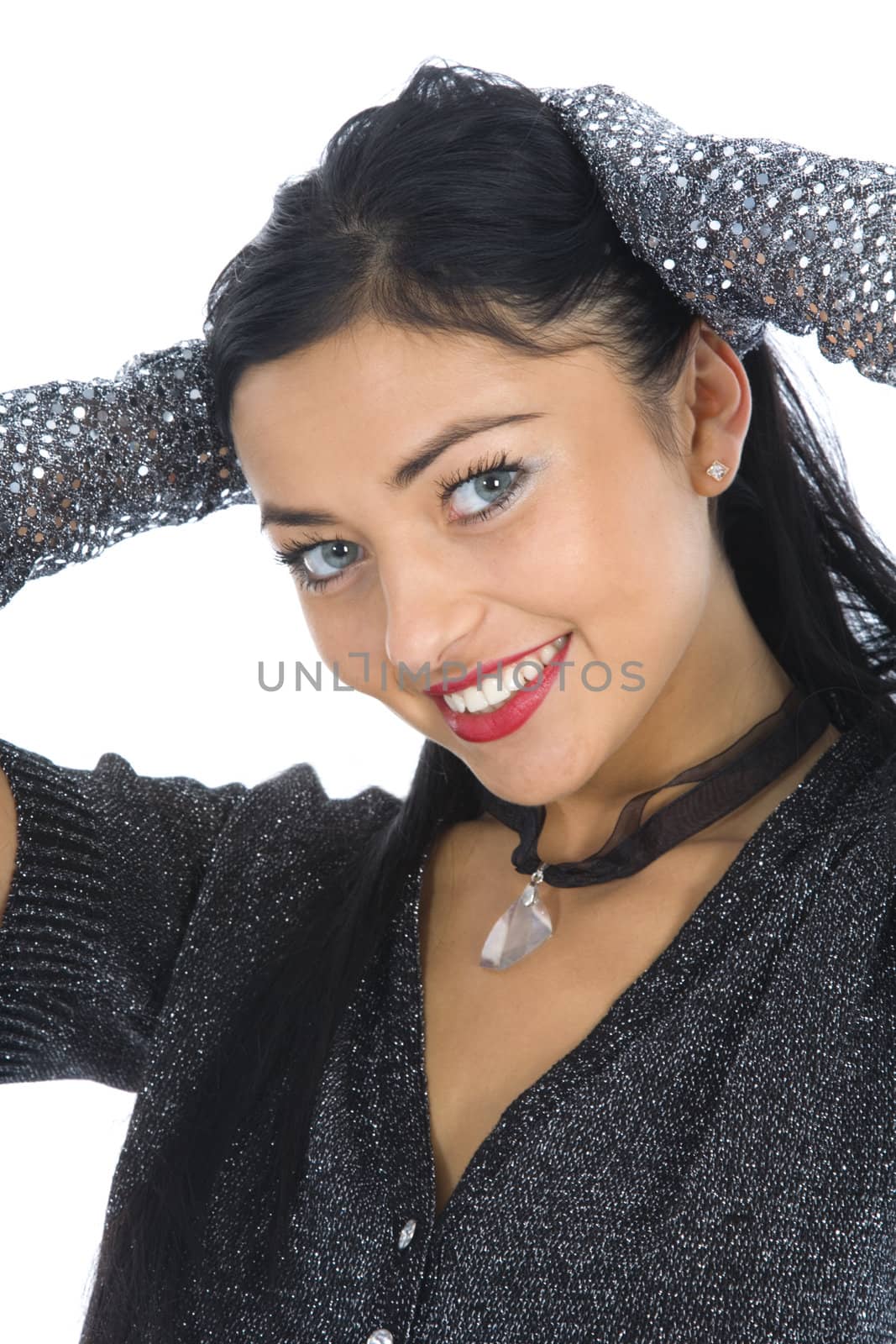 portrait of the brunette with blue eye on white background