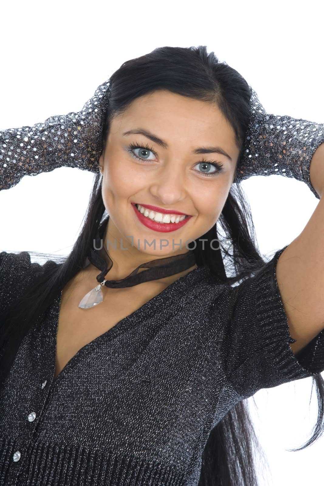 portrait of the brunette with blue eye on white background