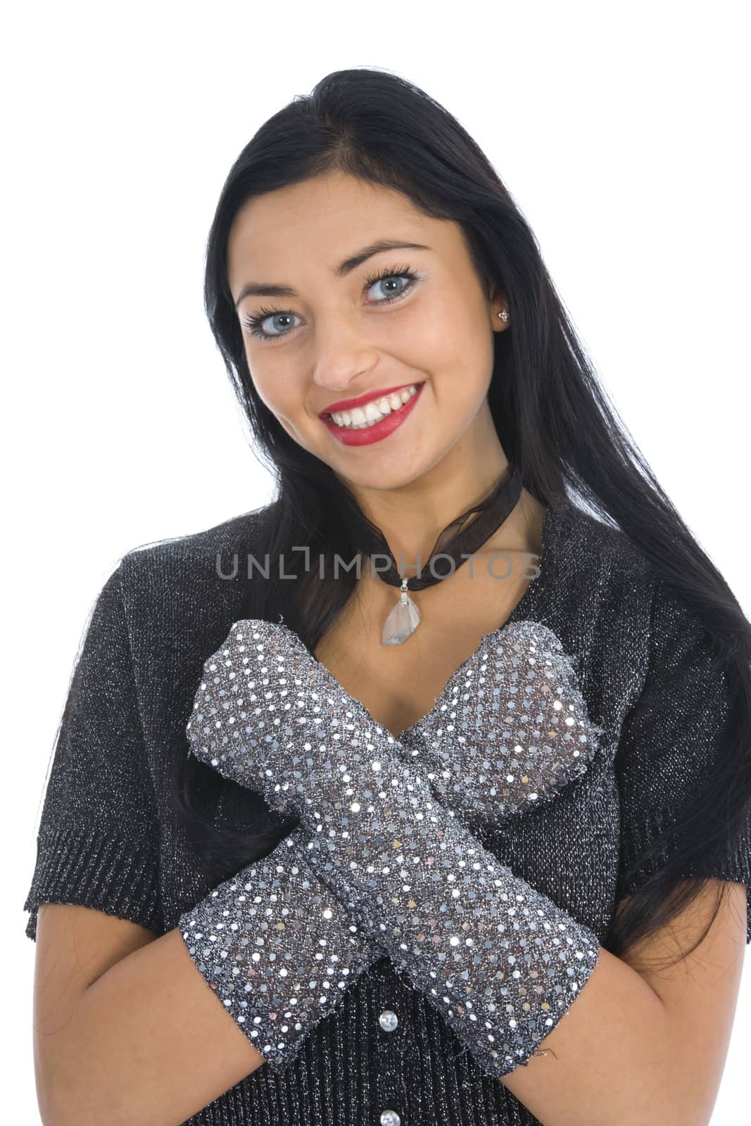 portrait of the brunette with blue eye on white background