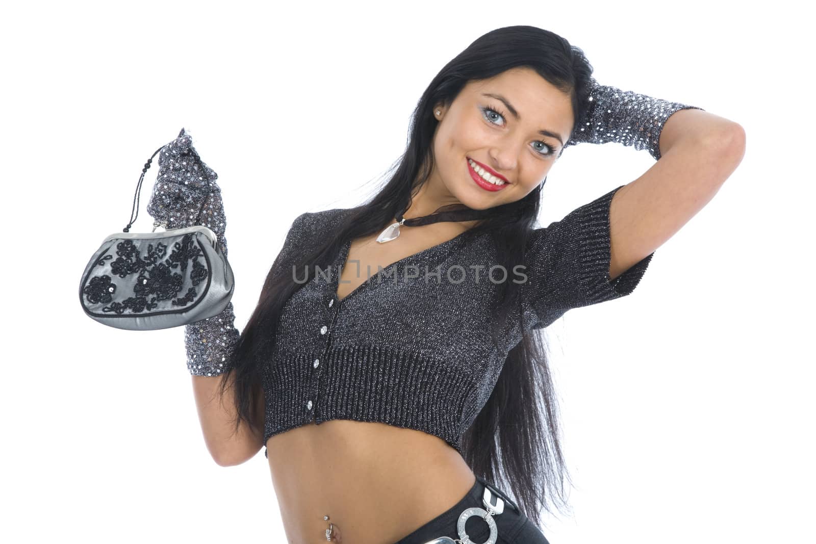 portrait of the brunette with blue eye on white background