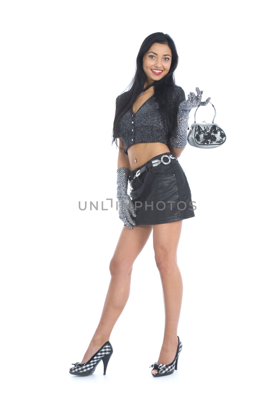 portrait of the brunette with blue eye on white background