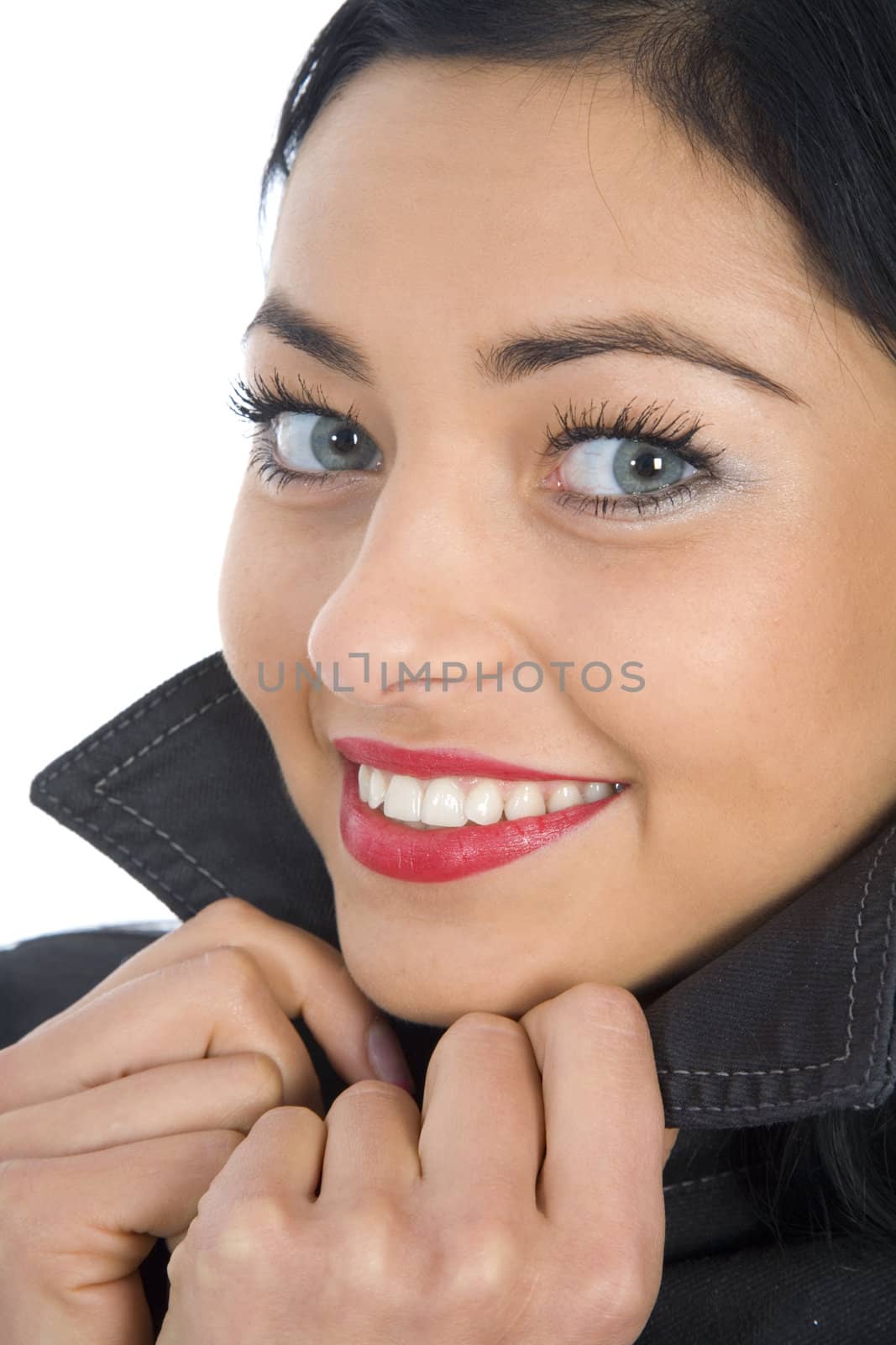portrait of the brunette with blue eye on white background