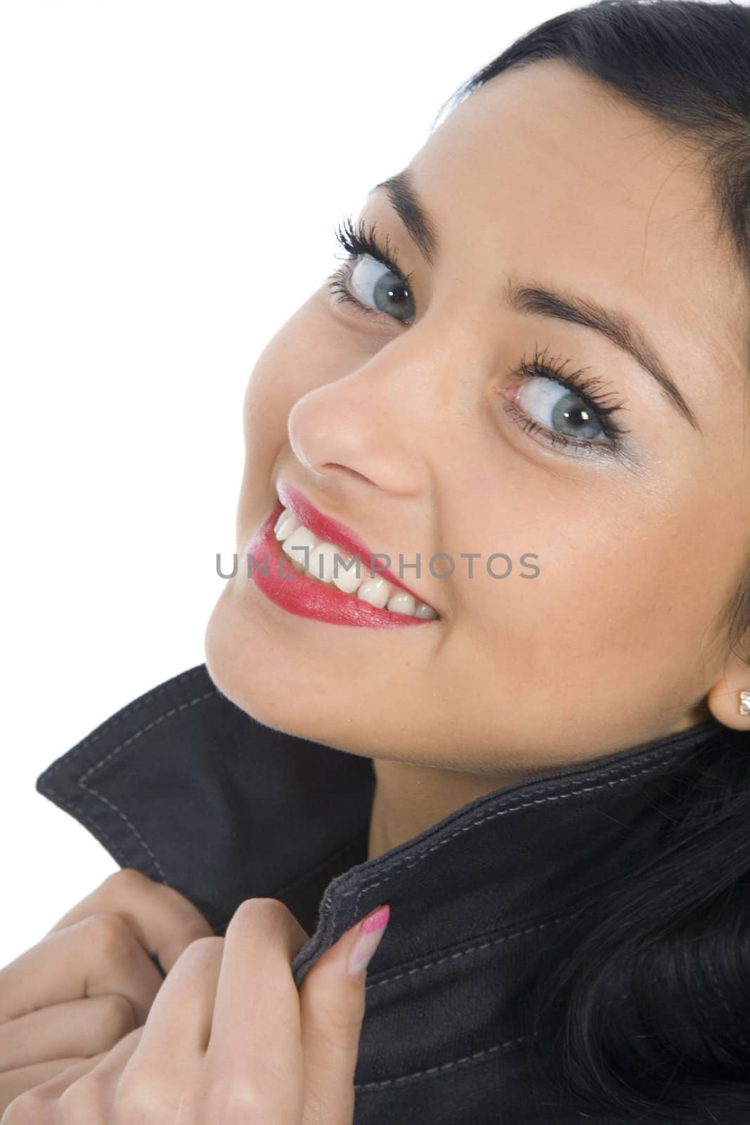 portrait of the brunette with blue eye on white background