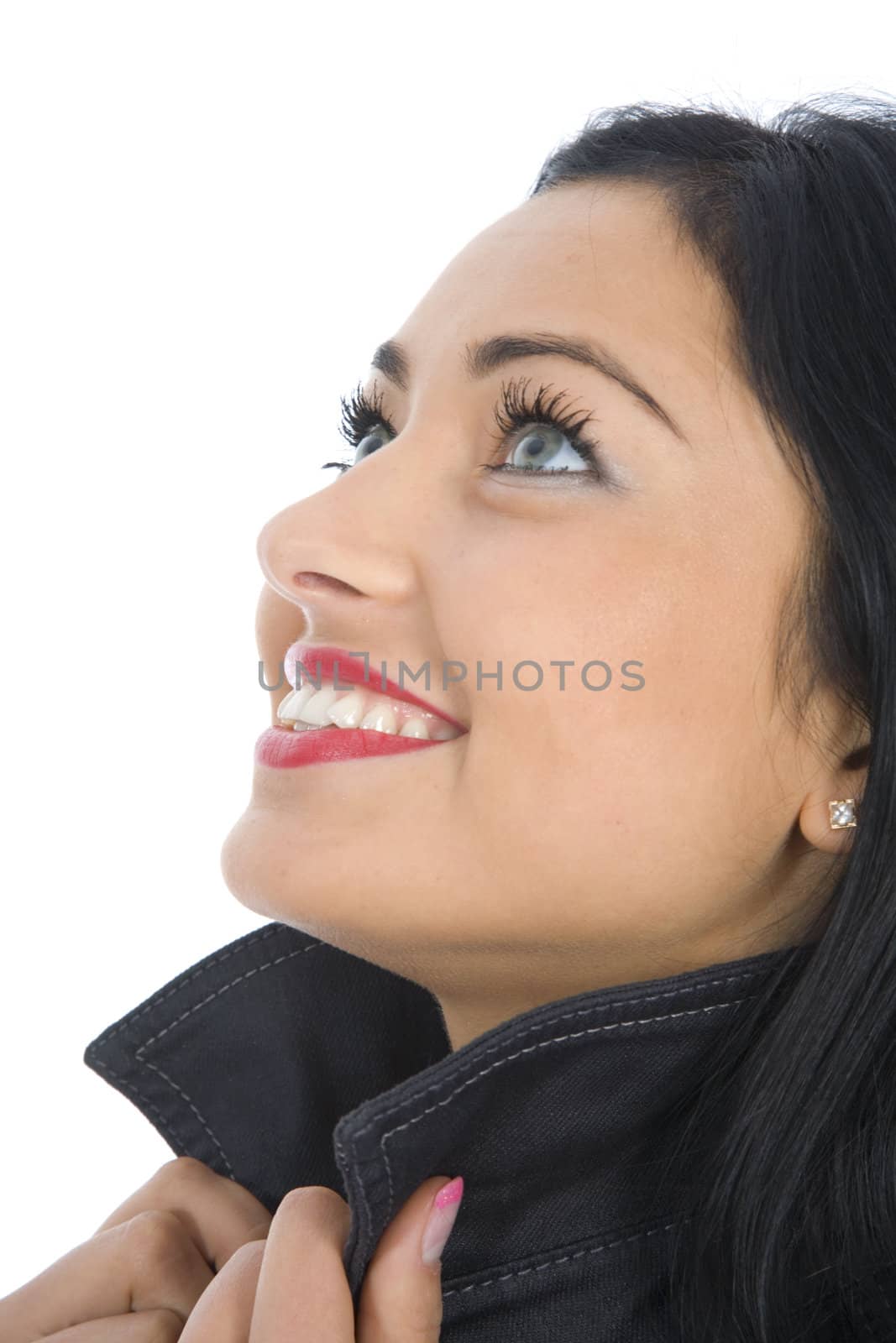 portrait of the brunette with blue eye on white background