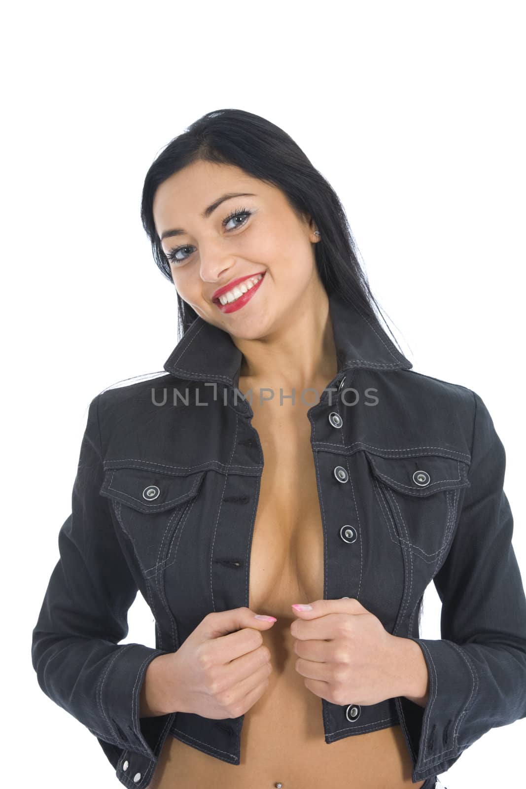portrait of the brunette with blue eye on white background