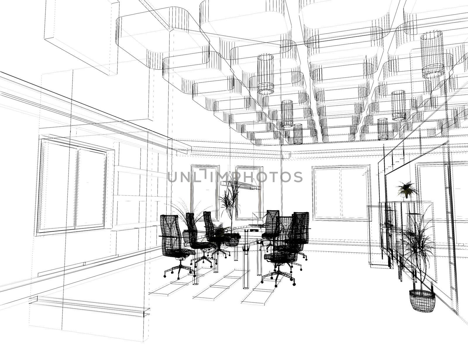 the modern office interior design sketch (3d render)
