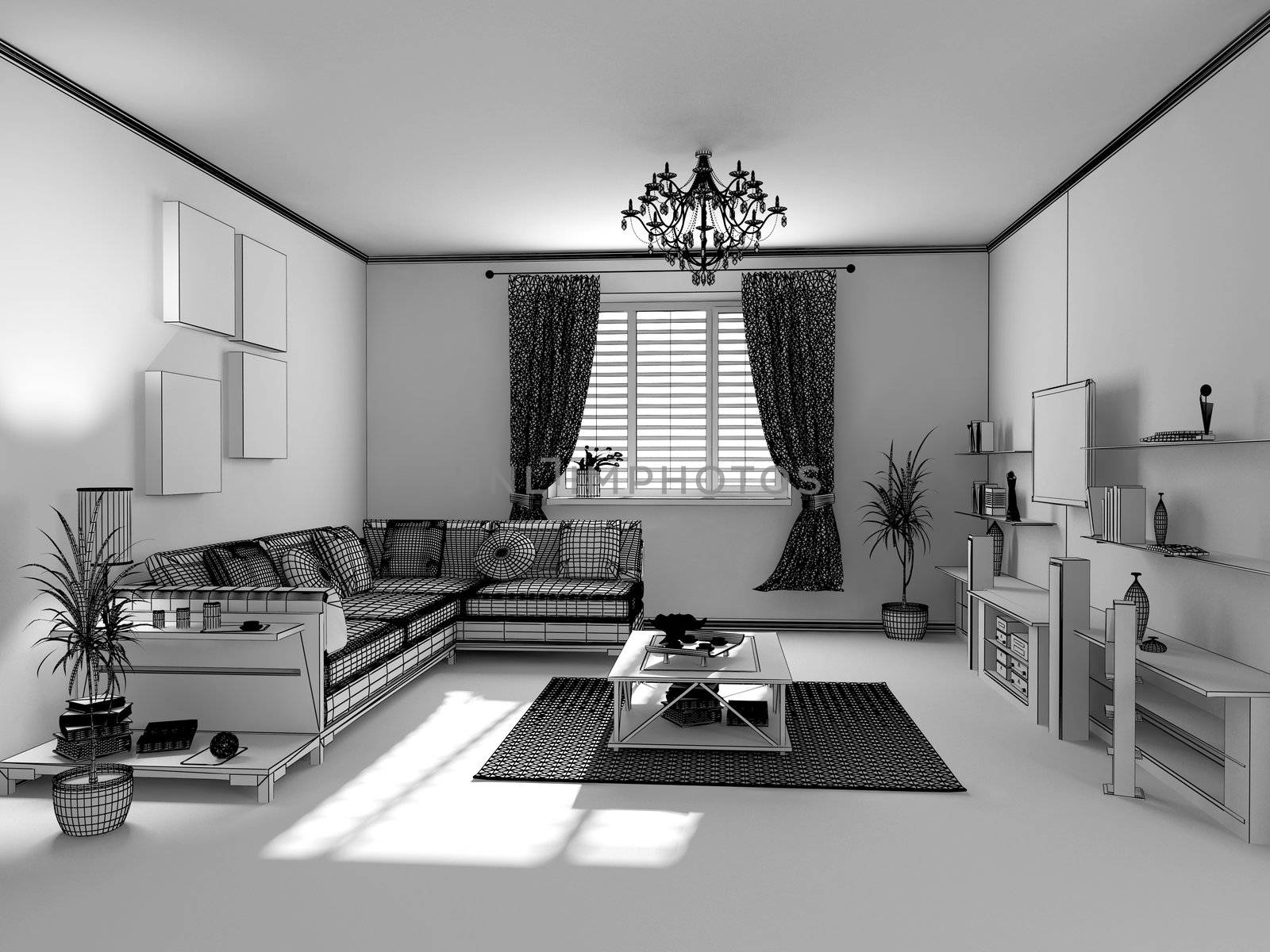 the modern interior sketch (wireframe rendering)