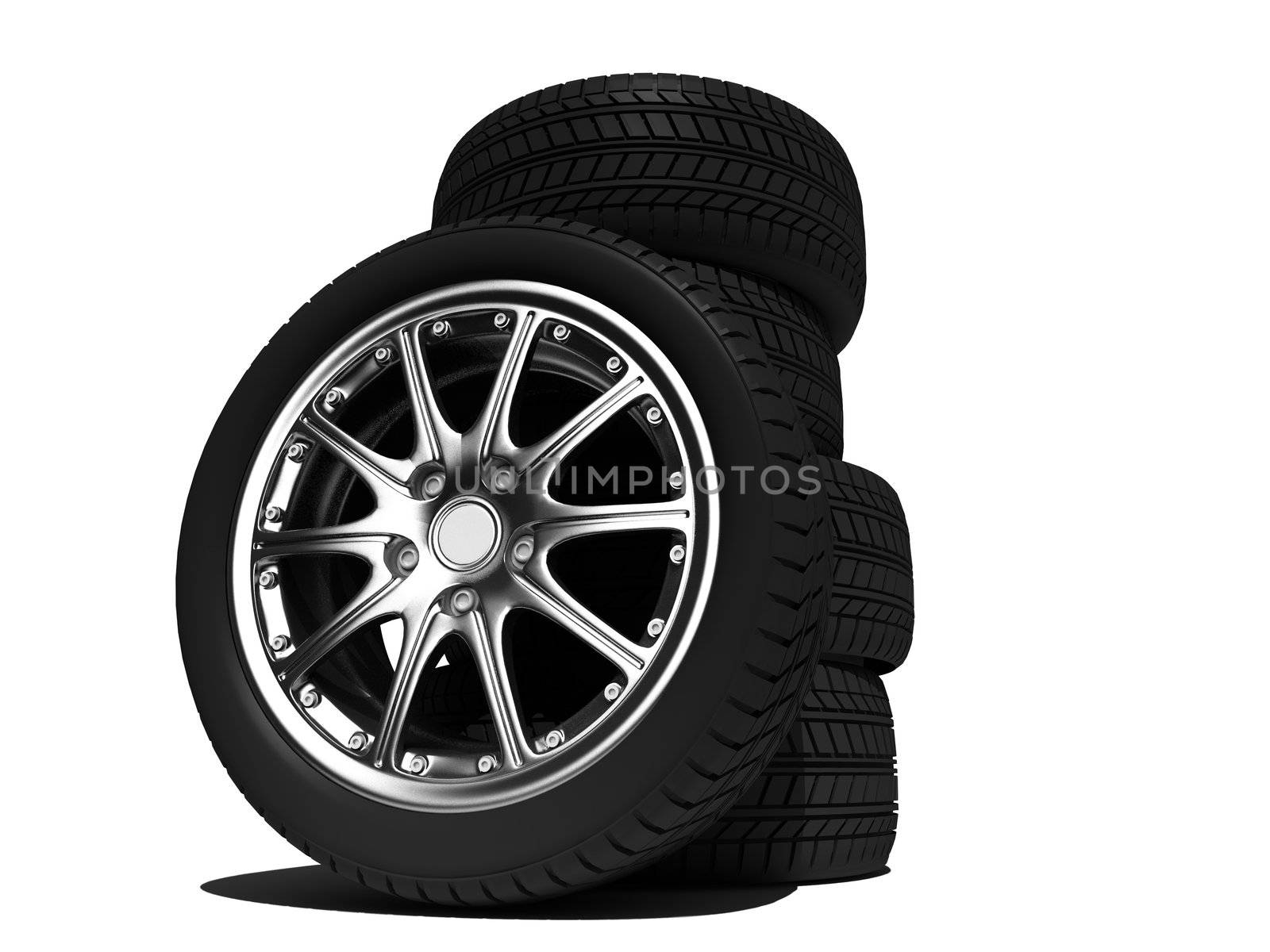 wheels with steel rims over the white background