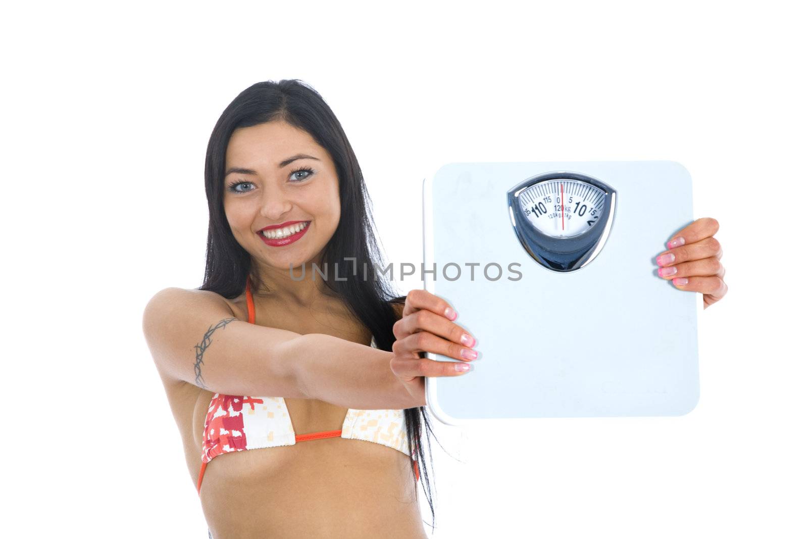 beautiful girl with  scales on  isolated background