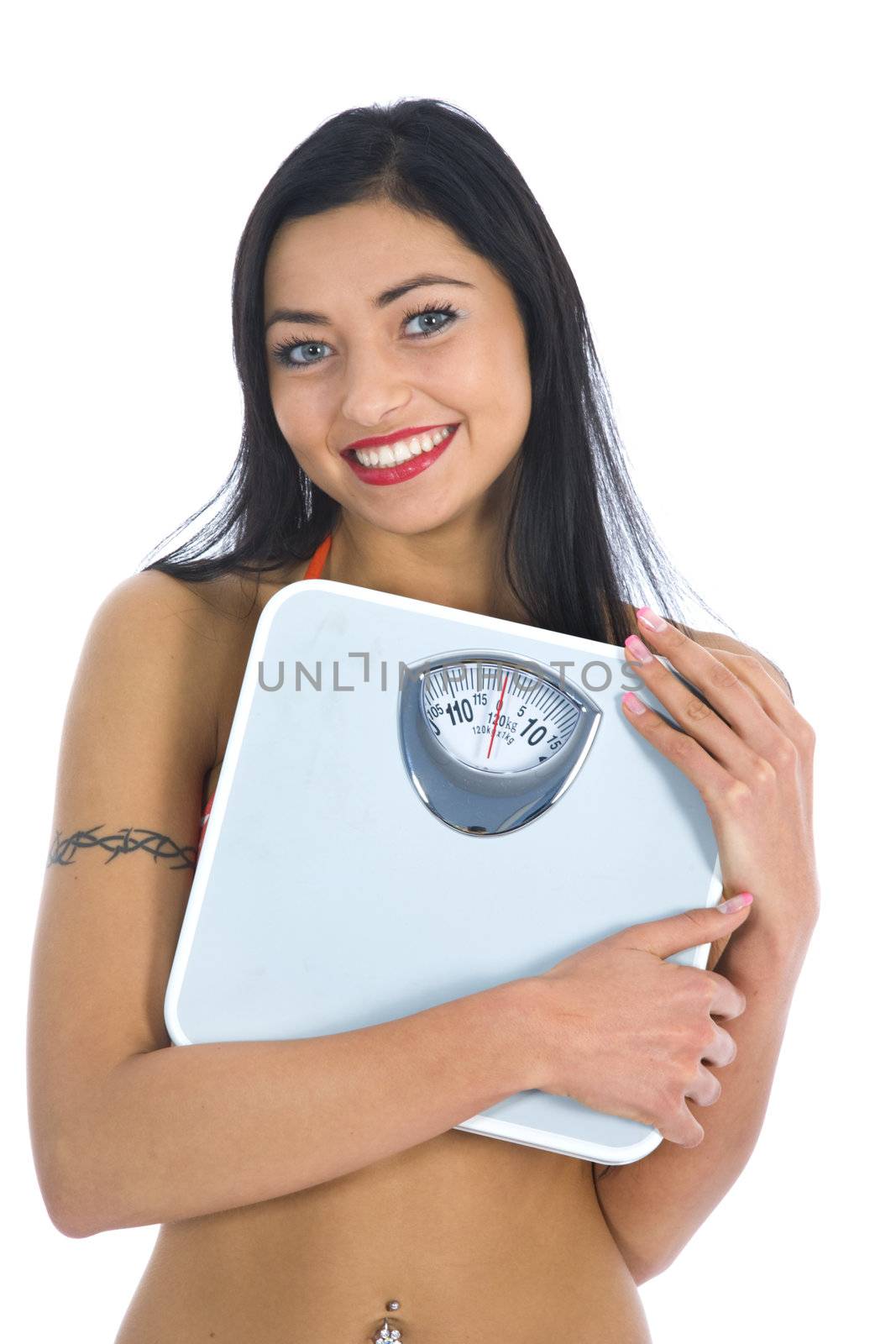 beautiful girl with  scales on  isolated background