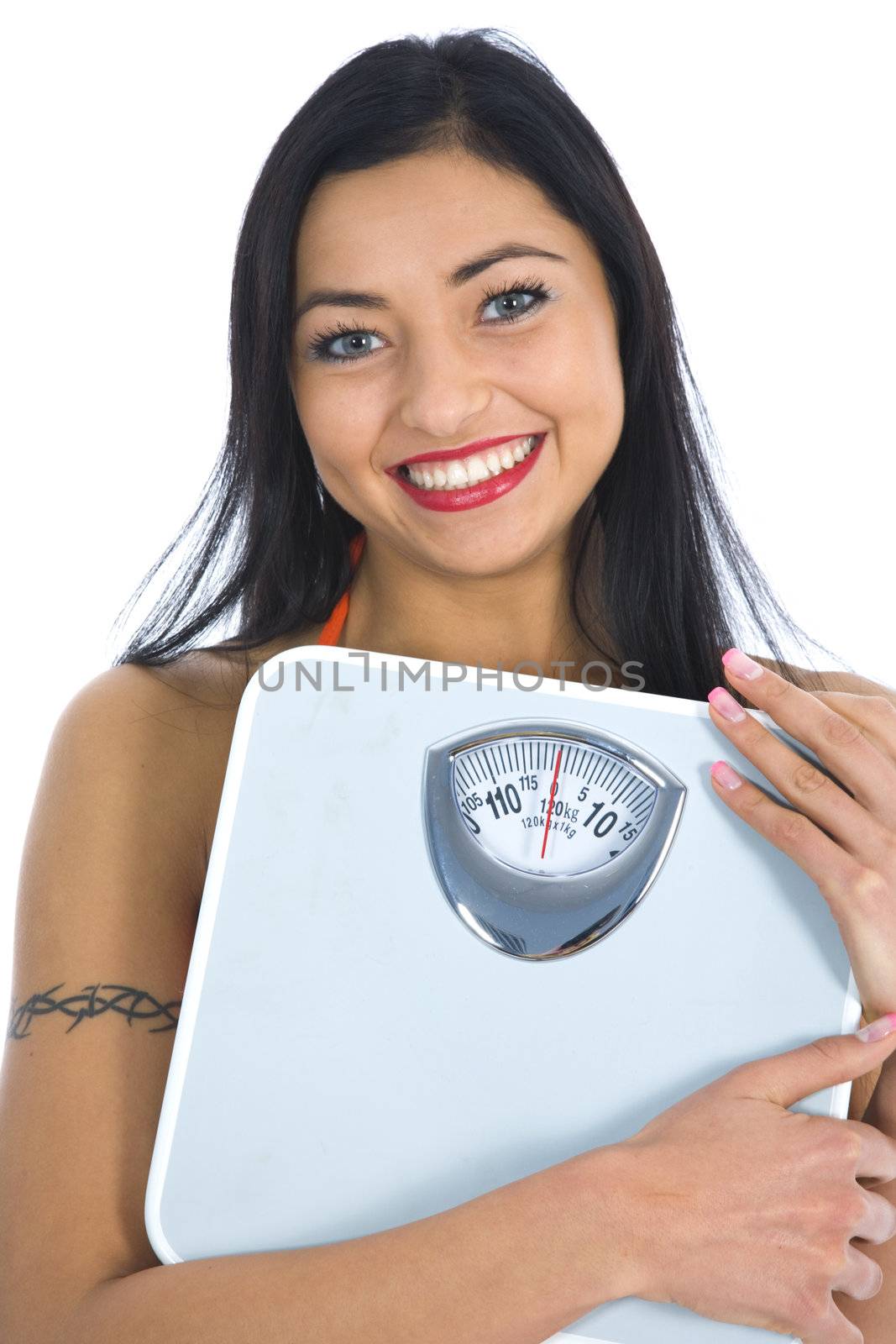 beautiful girl with  scales on  isolated background