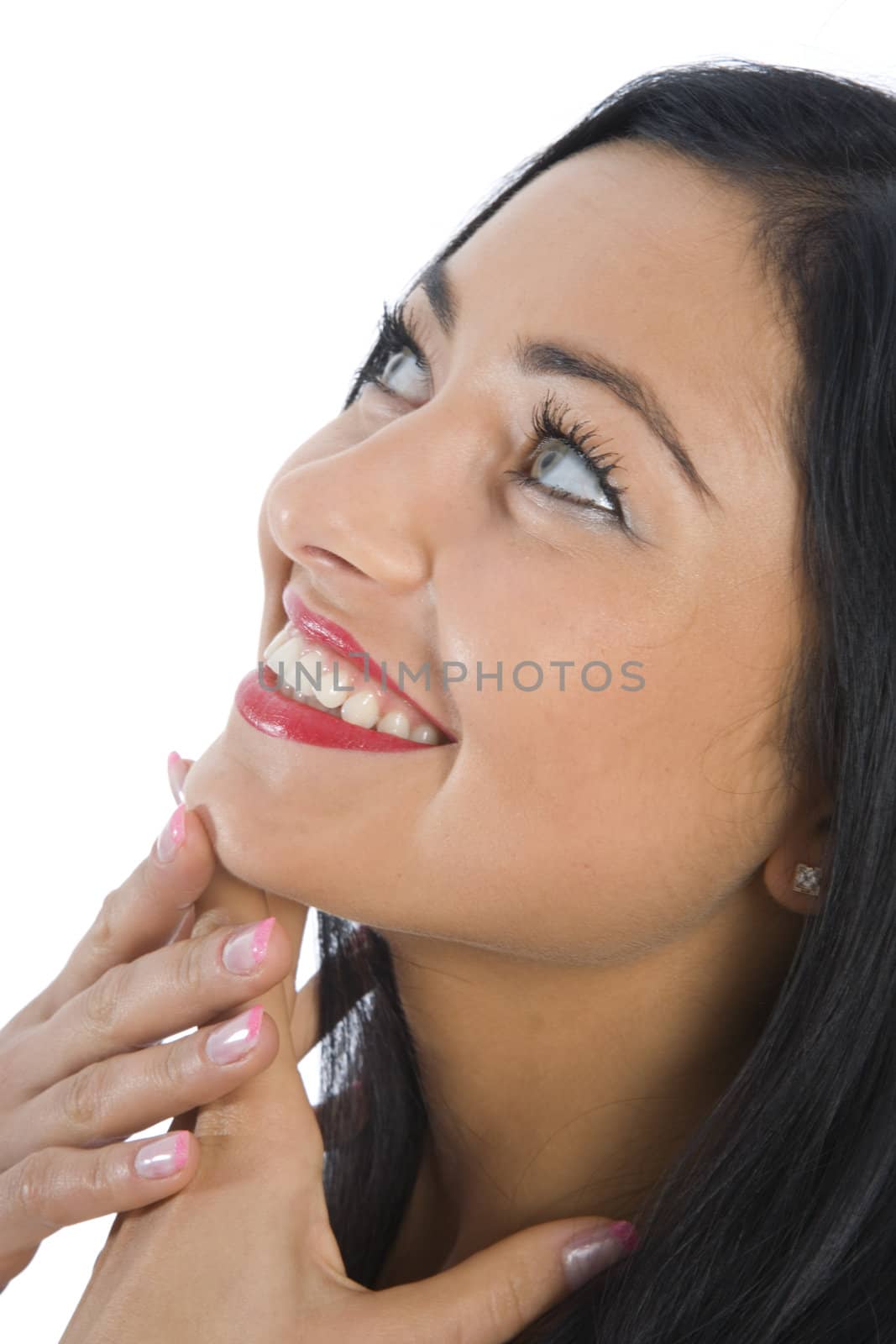 portrait of the brunette with blue eye on insulated background