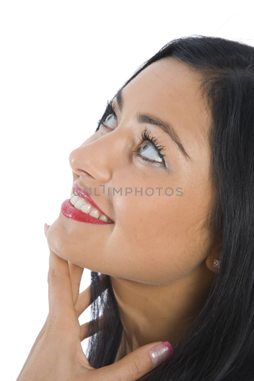 portrait of the brunette with blue eye on insulated background