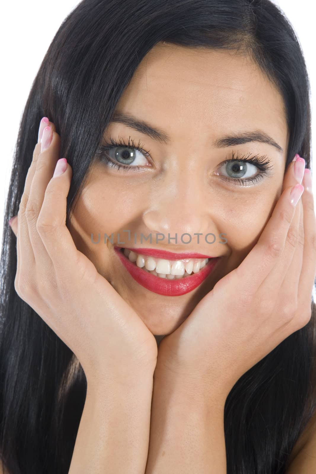 portrait of the brunette with blue eye on insulated background
