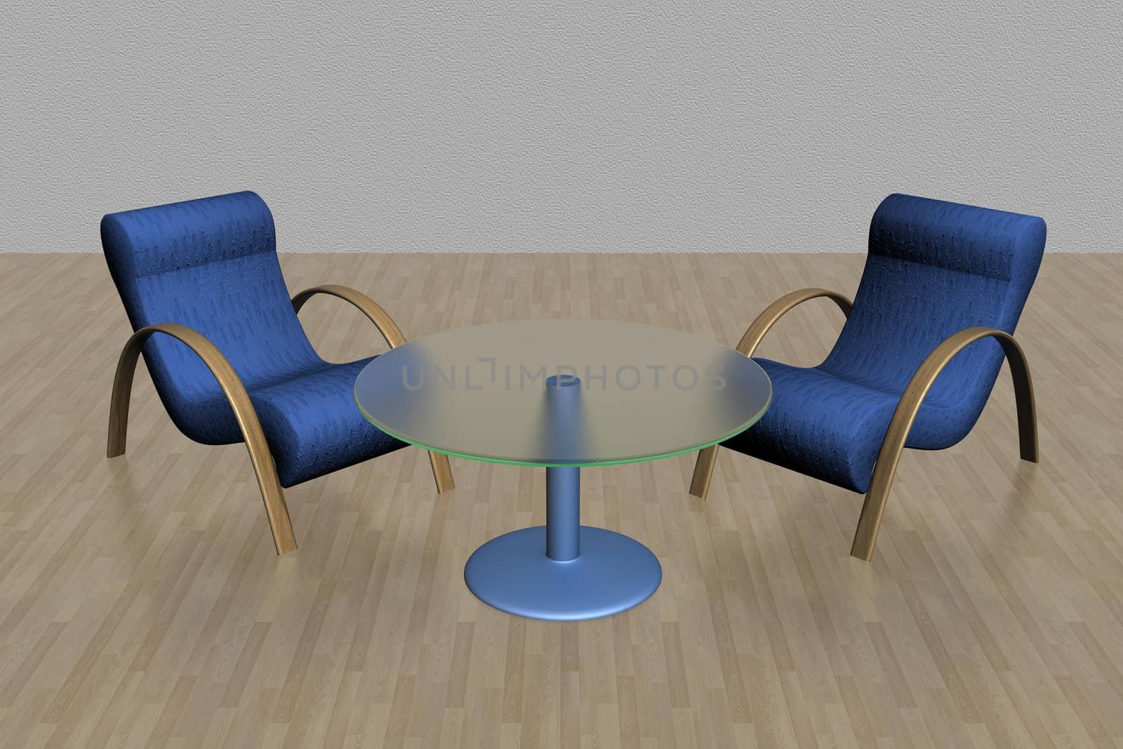 Two armchairs and glass table. 3D image.