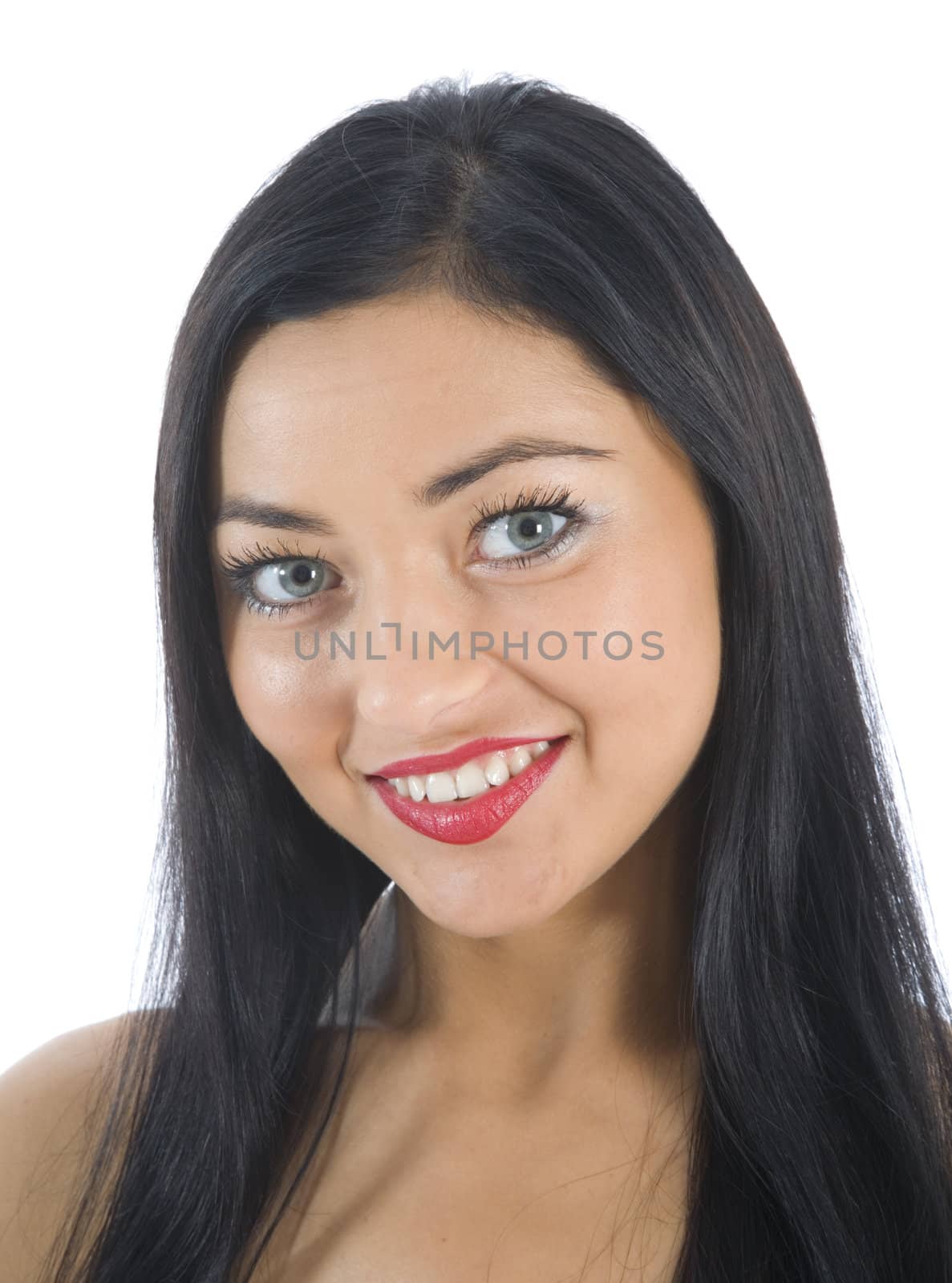 portrait of the brunette with blue eye on insulated background