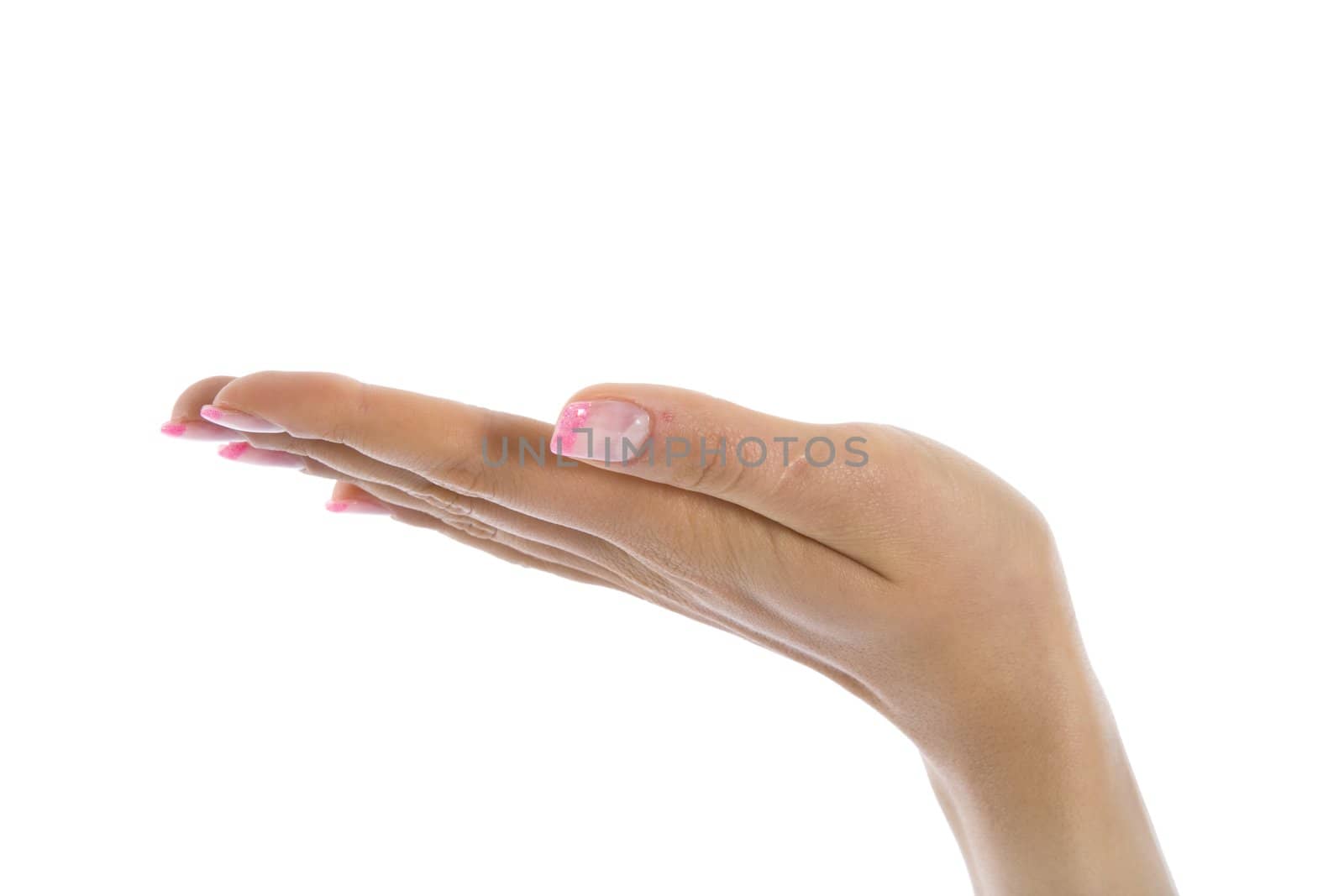 Woman hand on white background