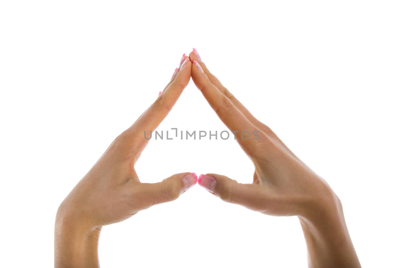 Woman hand on white background