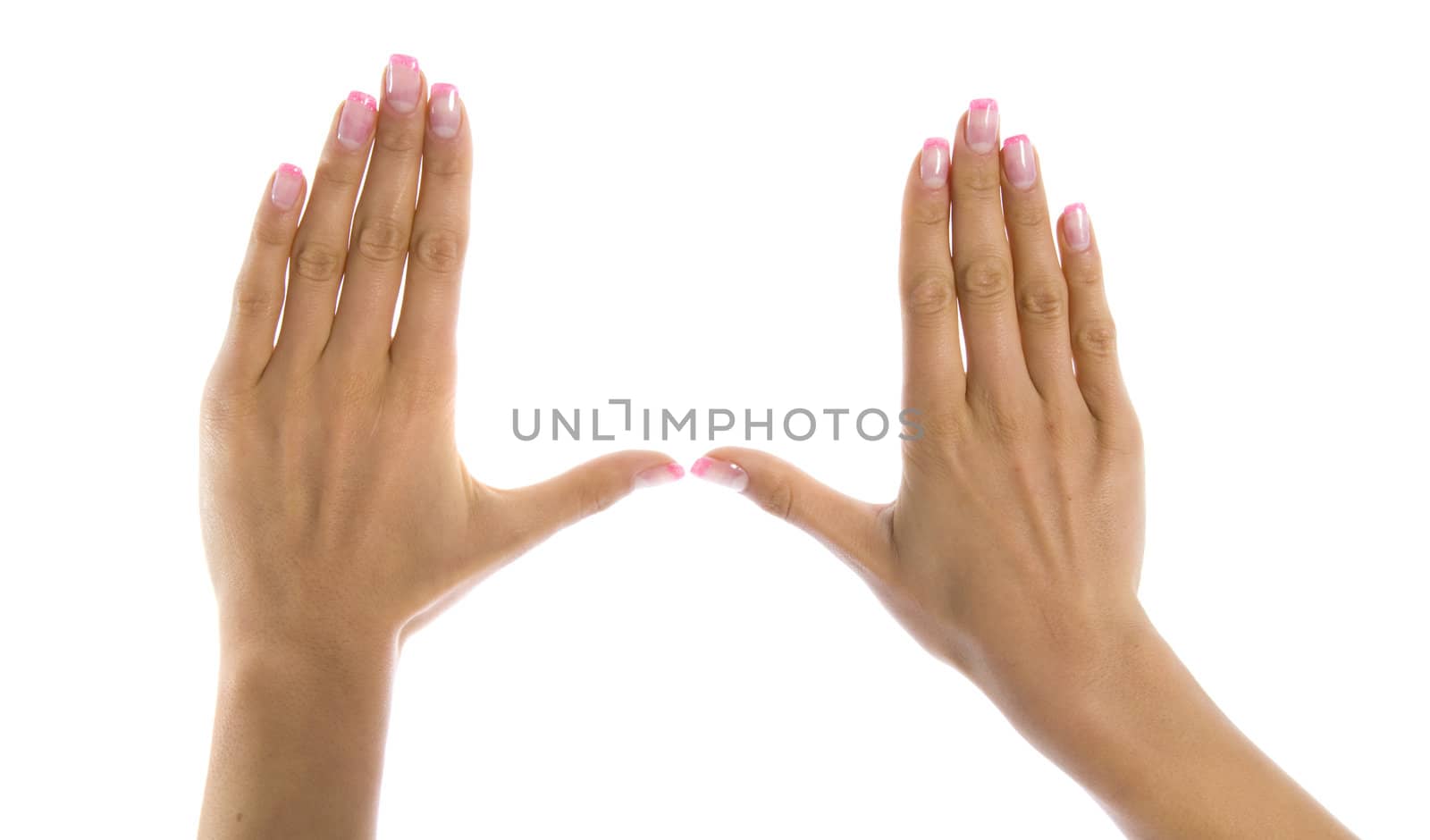 Woman hand on white background