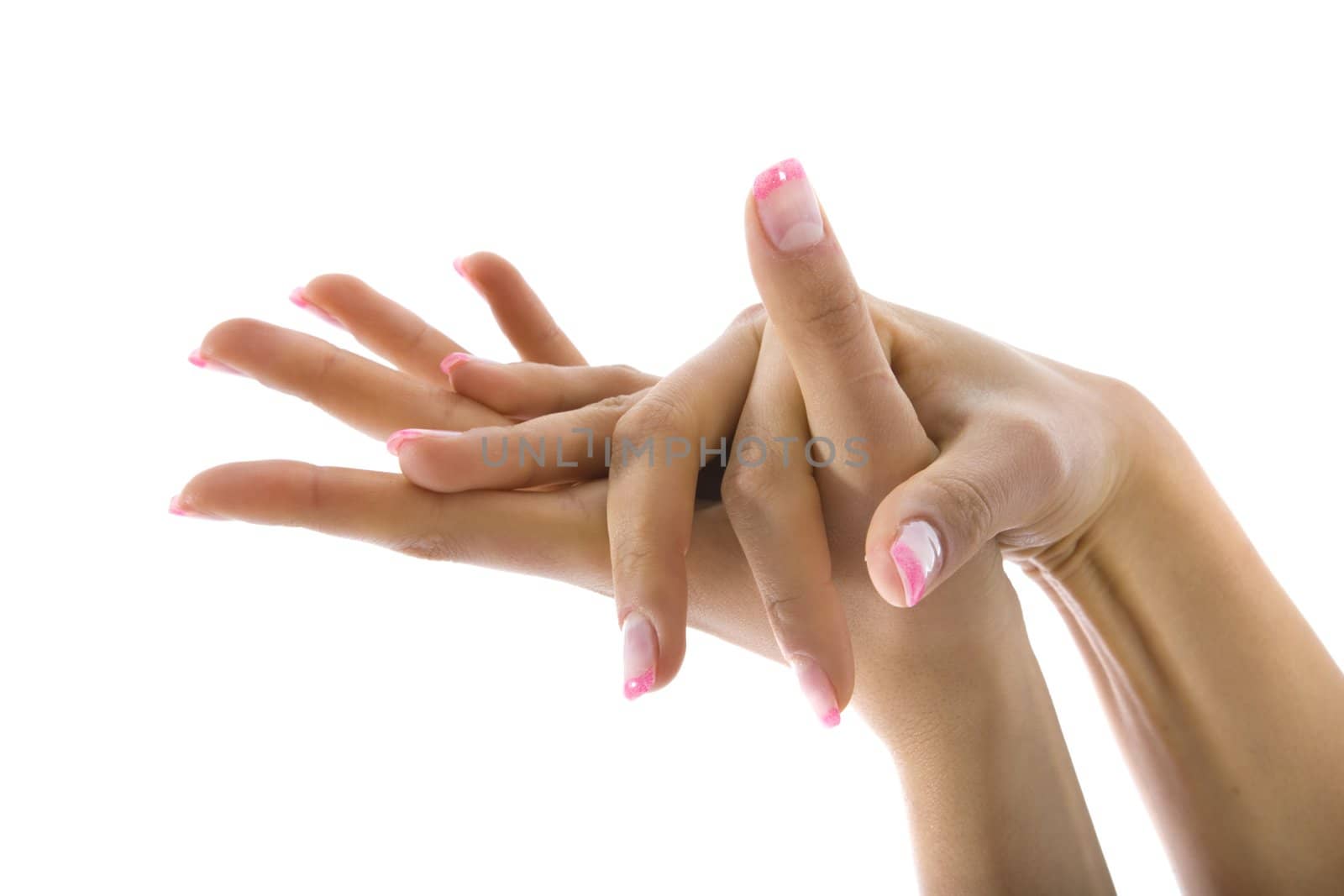 Woman hand on white background