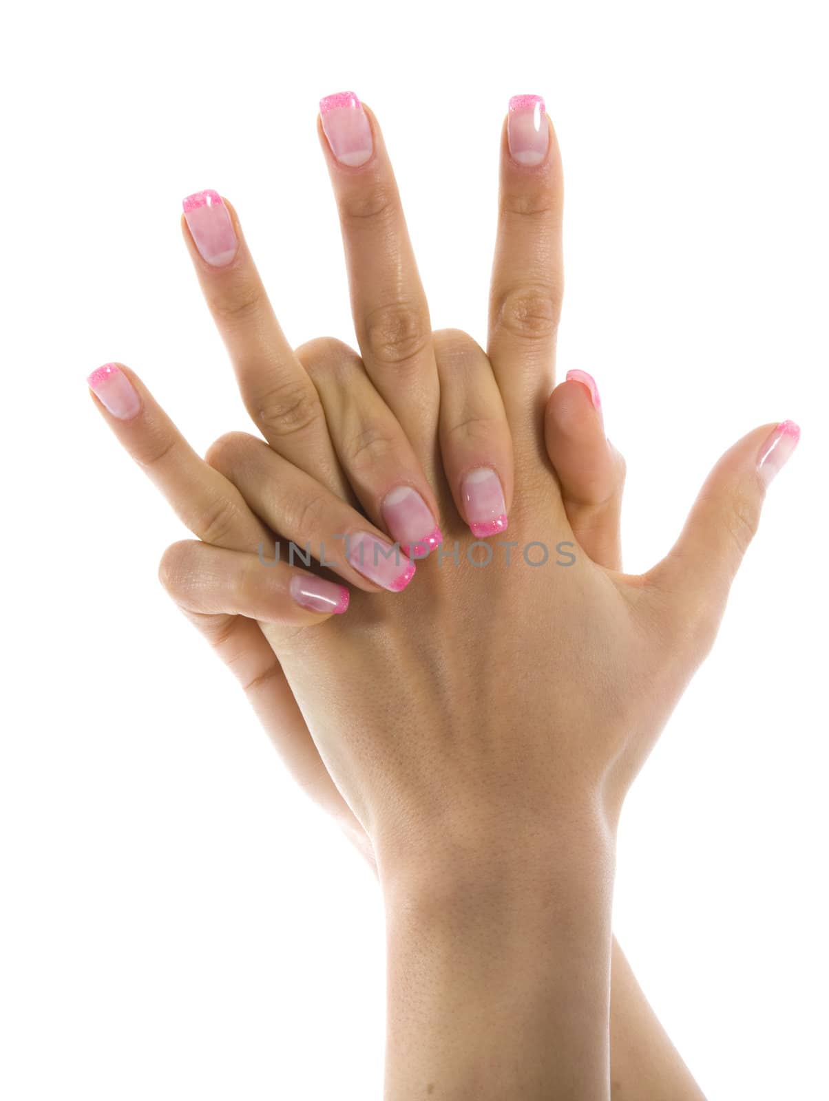 Woman hand on white background