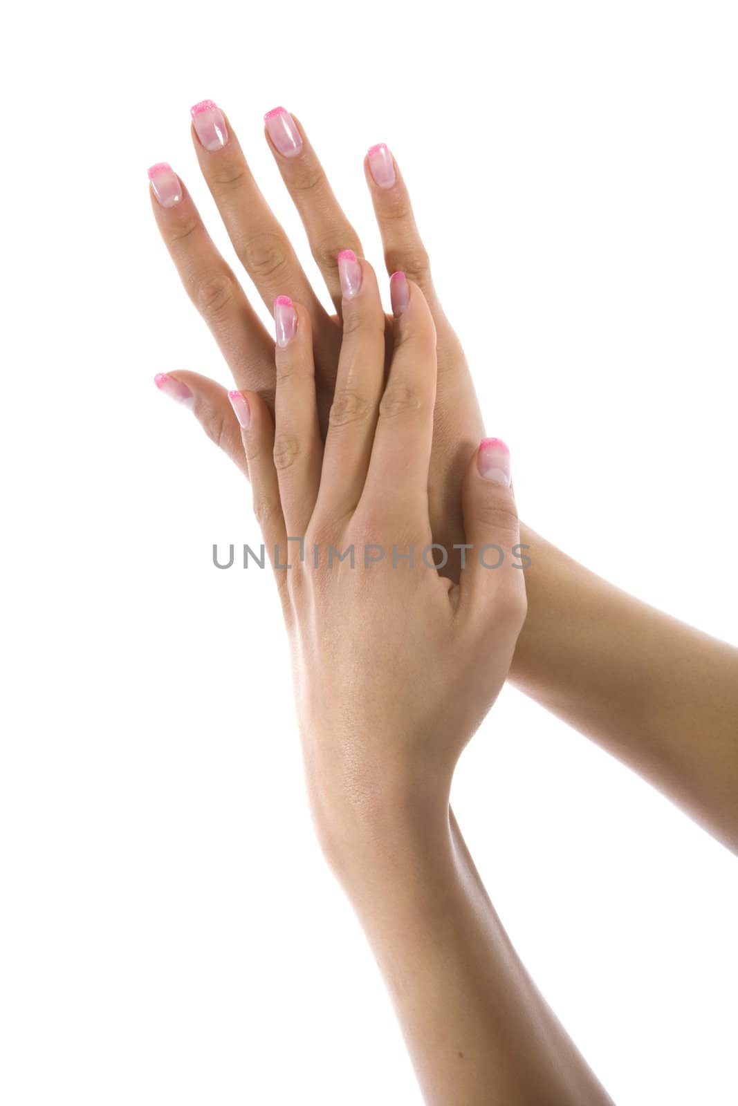 Woman hand on white background