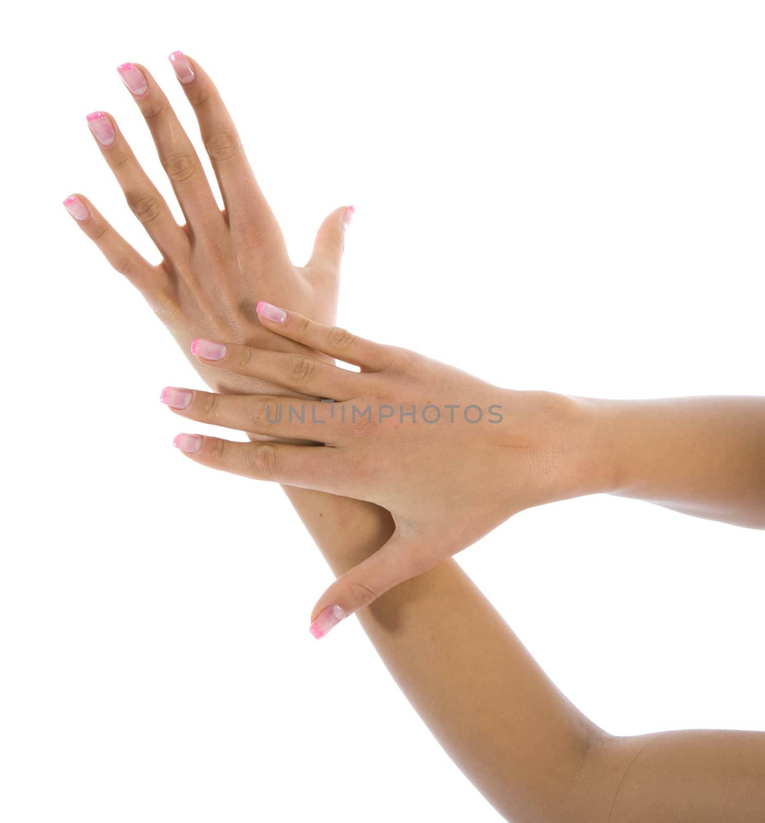 Woman hand on white background