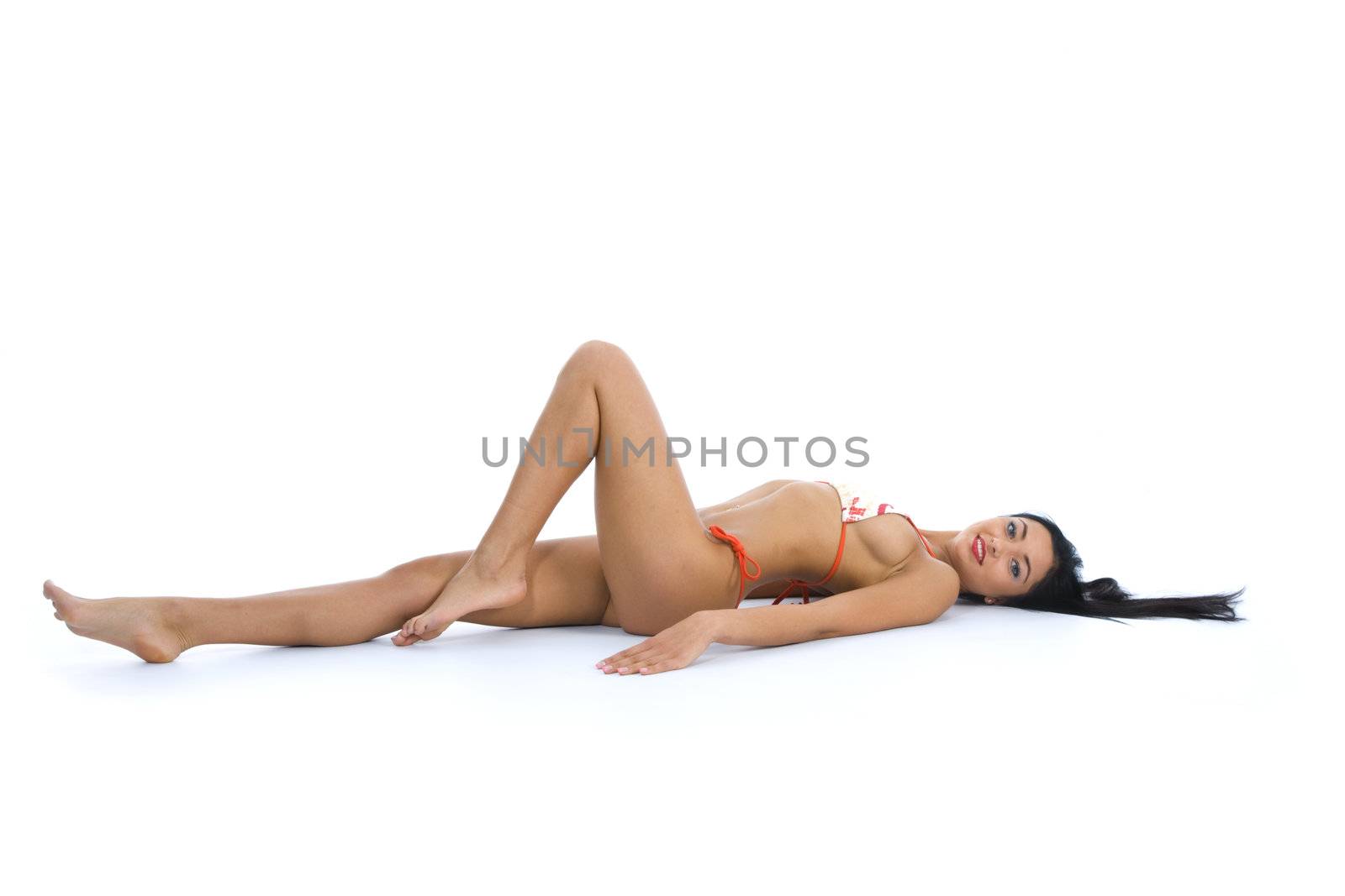 portrait of the brunette with blue eye on white background
