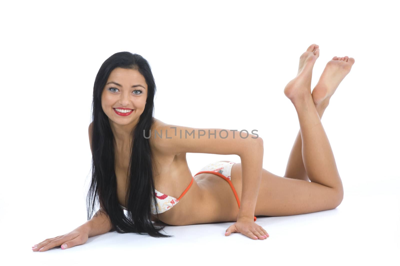 portrait of the brunette with blue eye on white background