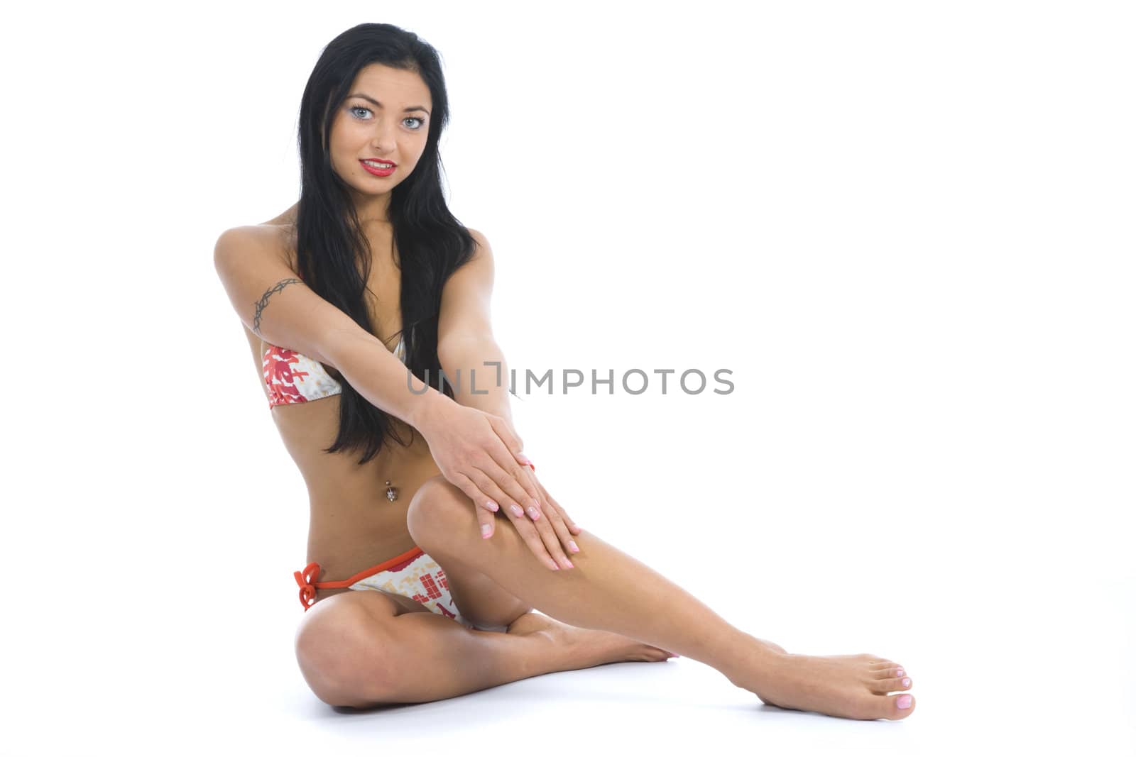 portrait of the brunette with blue eye on white background