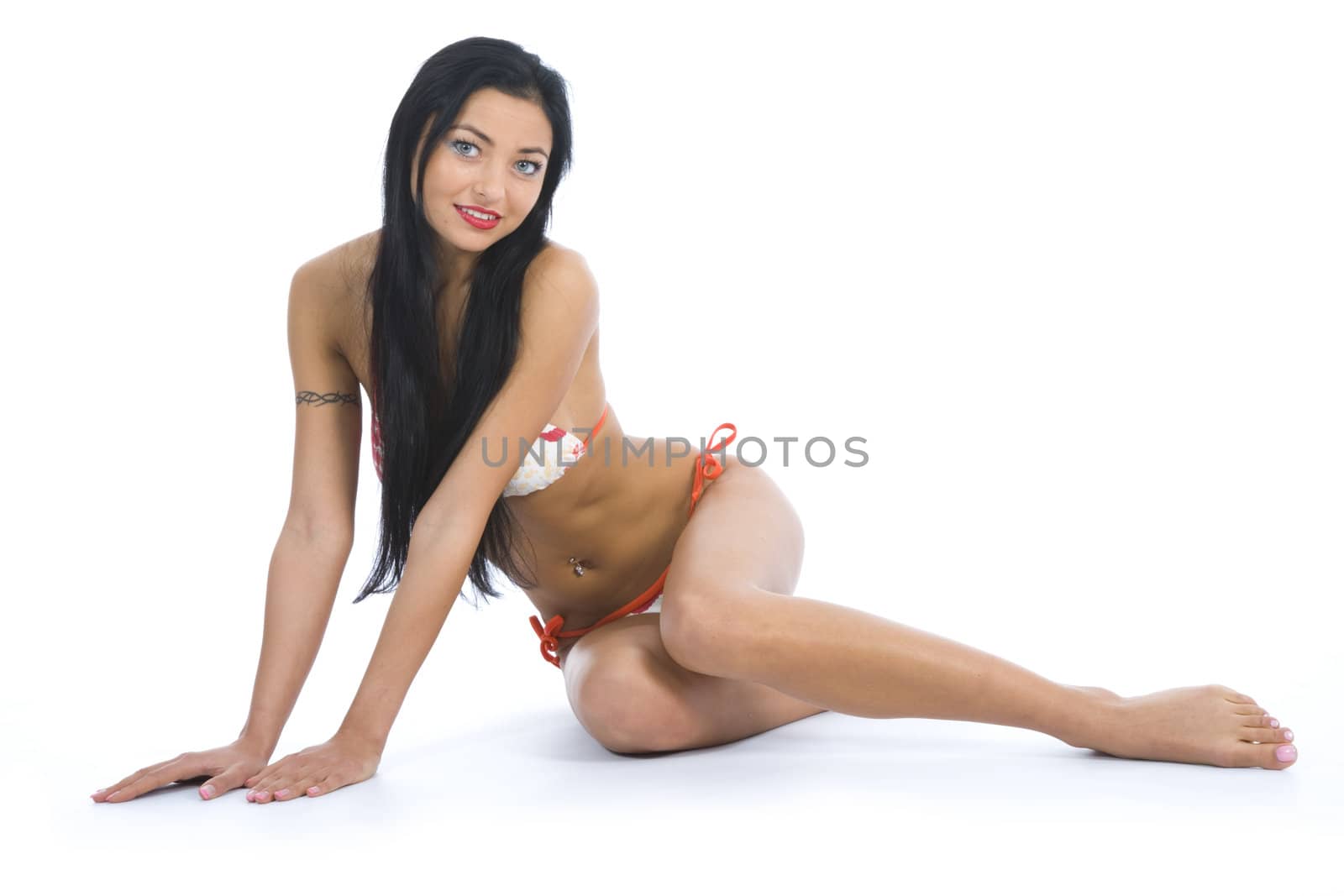 portrait of the brunette with blue eye on white background