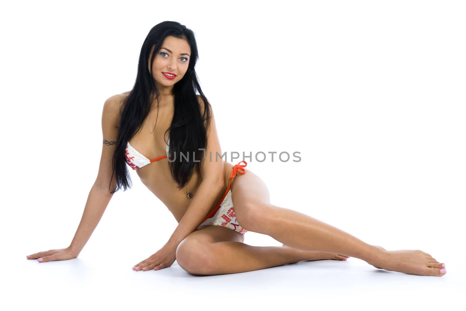 portrait of the brunette with blue eye on white background