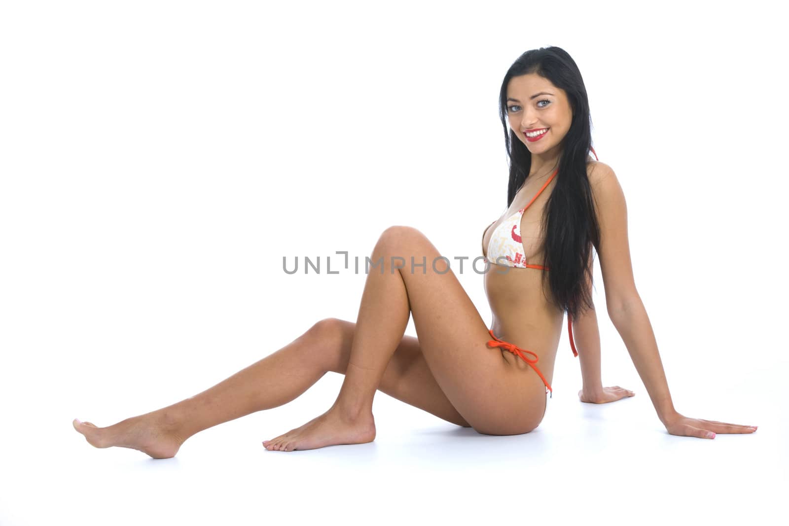 portrait of the brunette with blue eye on white background
