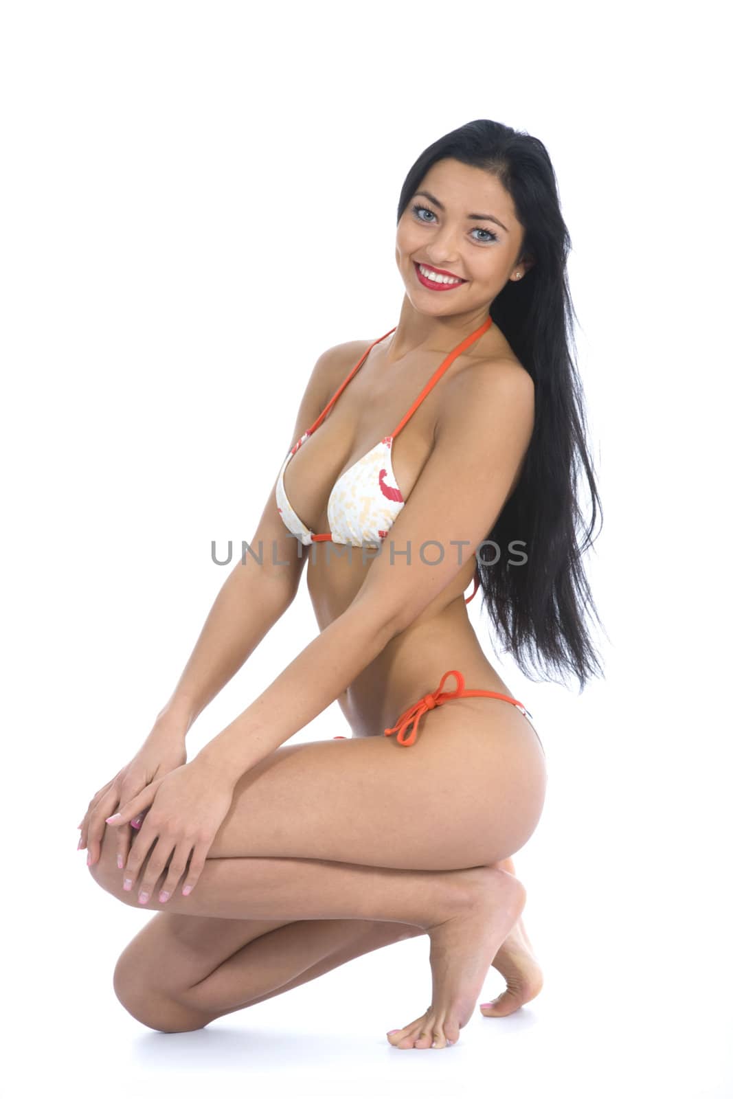 portrait of the brunette with blue eye on white background