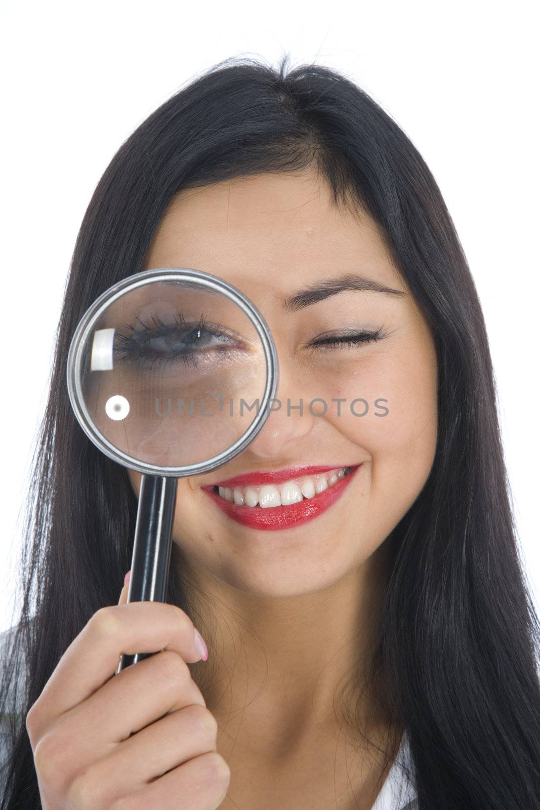 Business woman advertises selling the cars on white background