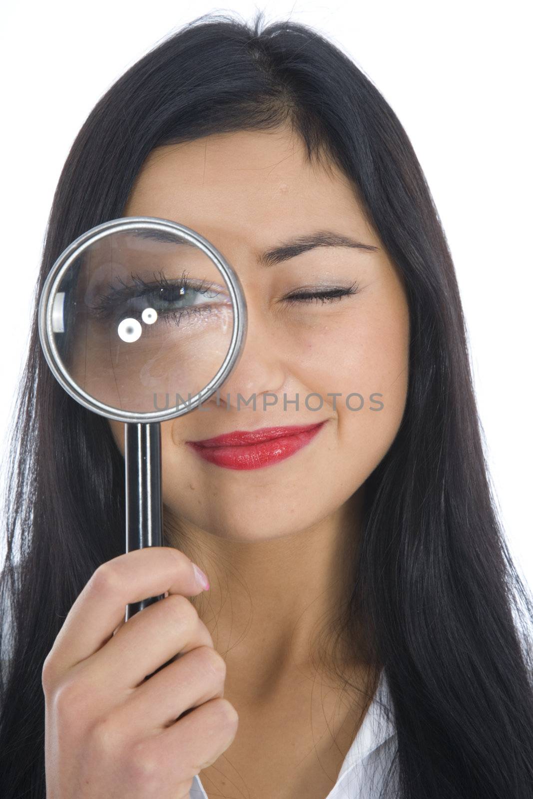 Business woman advertises selling the cars on white background