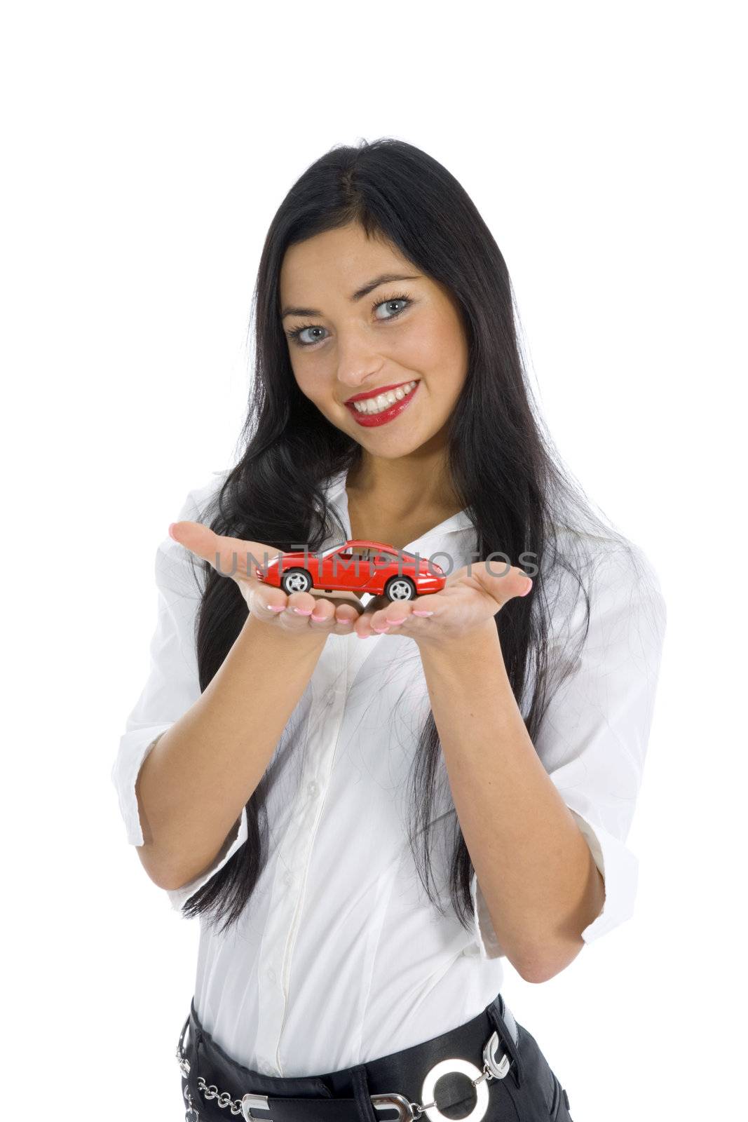 Business woman advertises selling the cars on white background