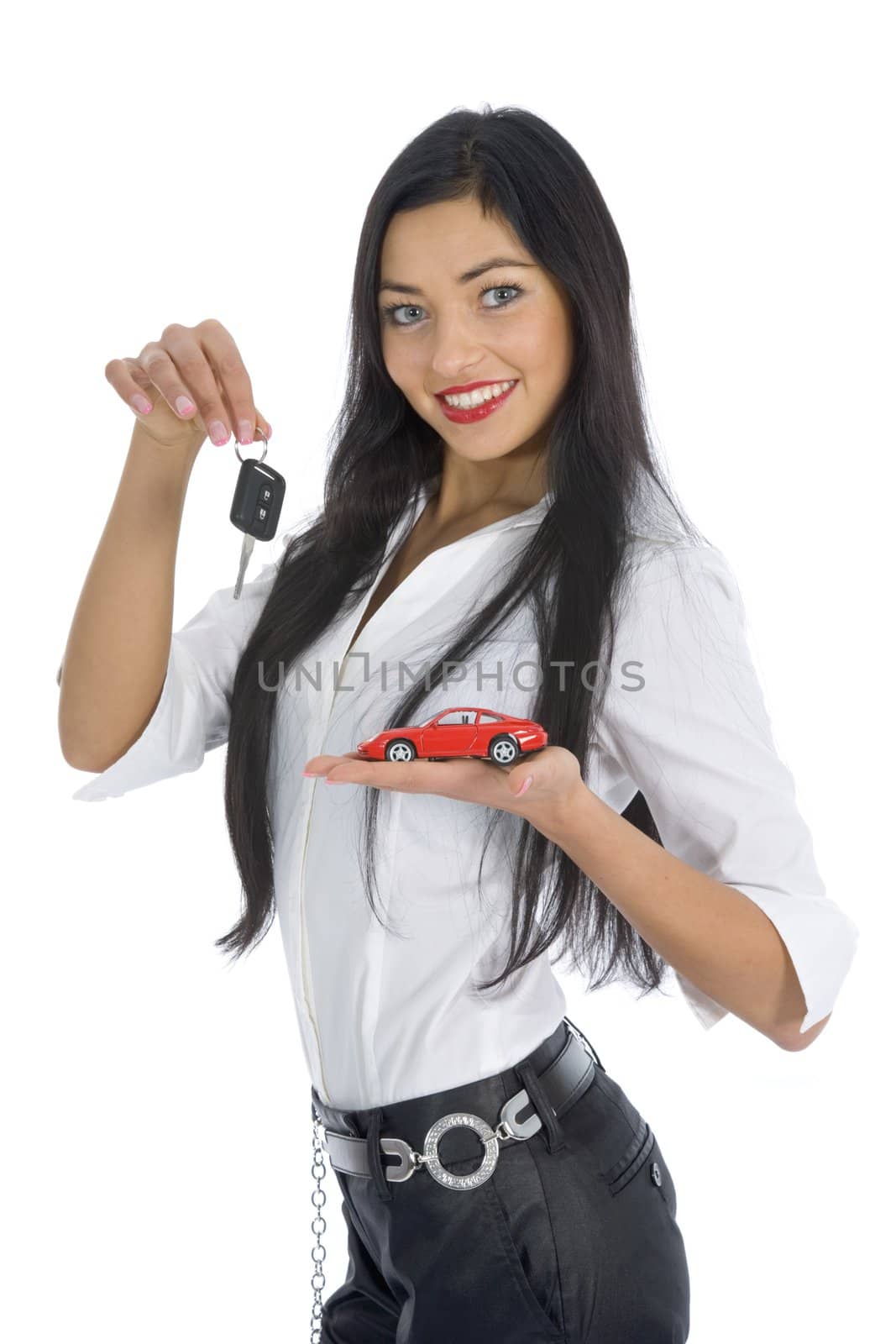 Business woman advertises selling the cars on white background