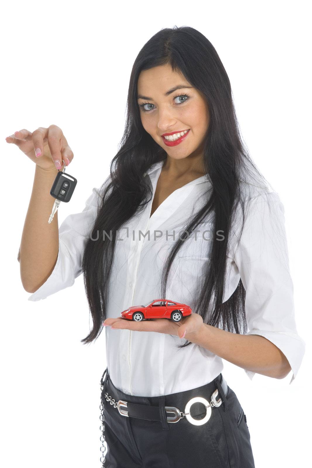 Business woman advertises selling the cars on white background